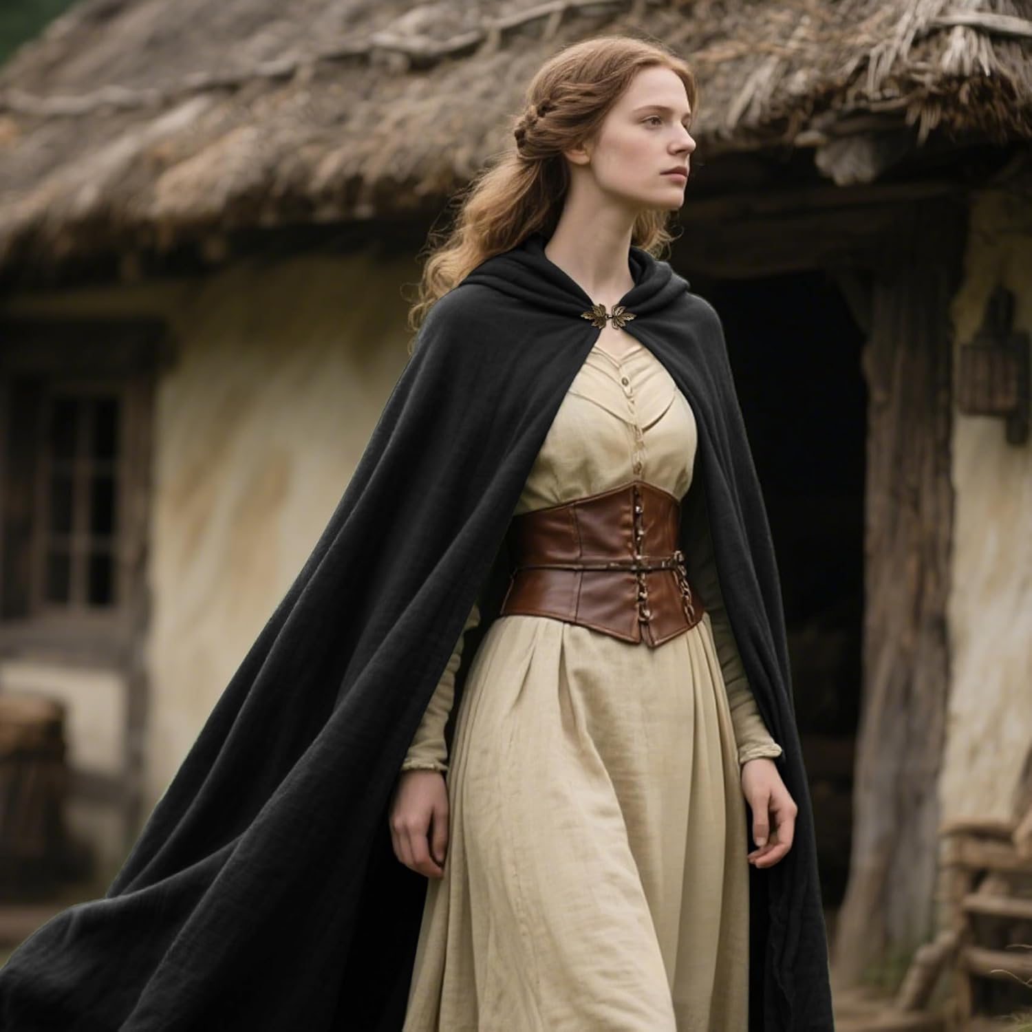 L'VOW Medieval Hooded Cloak Renaissance Cape with Hood Halloween Sorcerer Cosplay Hobbit Costume - Image 4