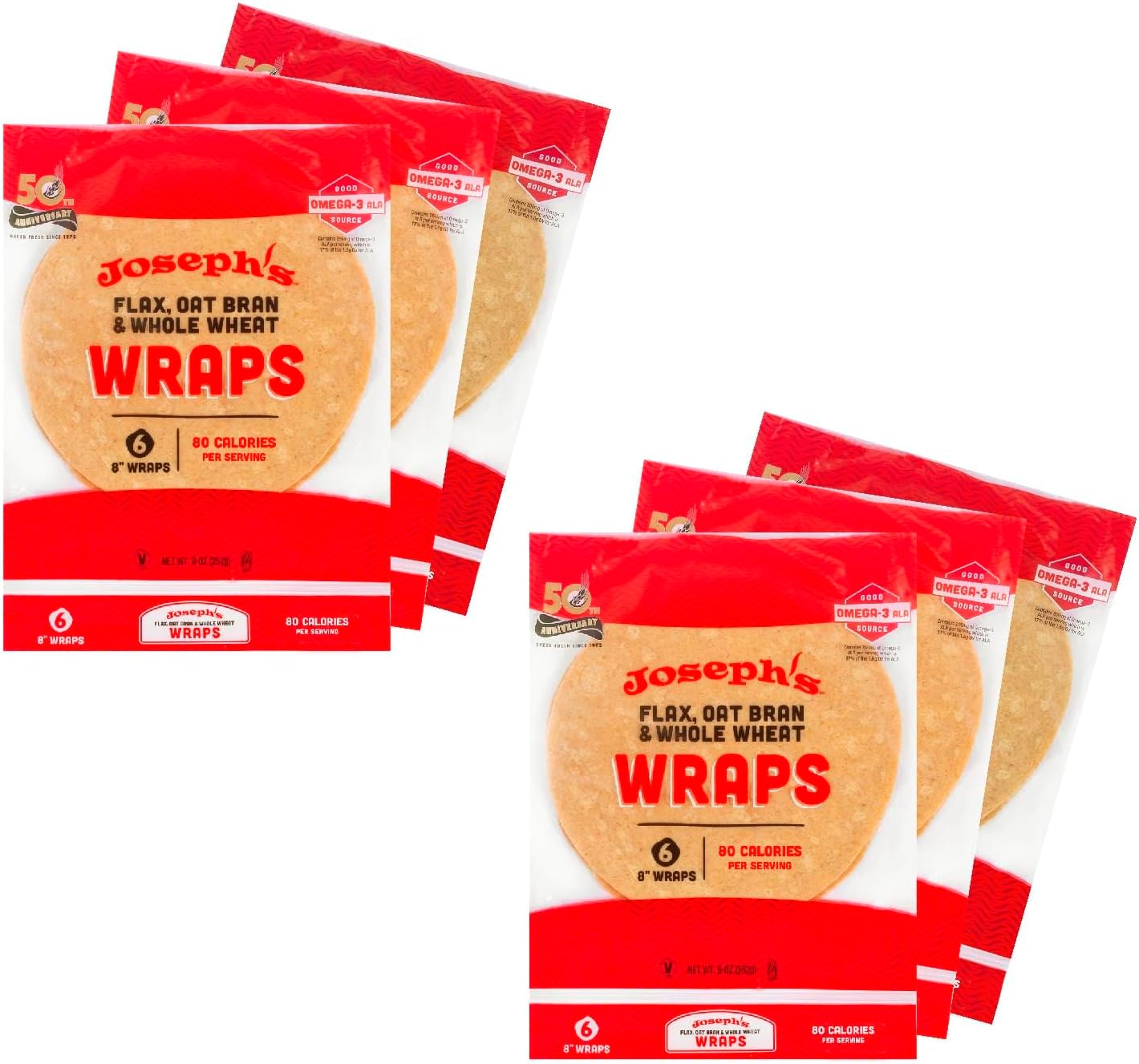 Joseph's Low Carb Wrap Value 6-Pack, Flax, Oat Bran and Whole Wheat, 8g Carbs Per Serving, Fresh Baked (6 Per Pack, 36 Wraps Total)