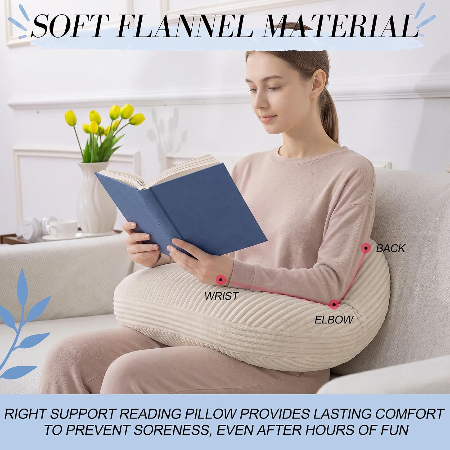 Xuhal Reading Gaming Pillow Lap Support for Sitting in Sofa or Bed Flannel Soft U-Shaped Back Pillow for Adult Reduces Arm Pain Fatigue During Gaming Reading Working Crocheting(Milky)