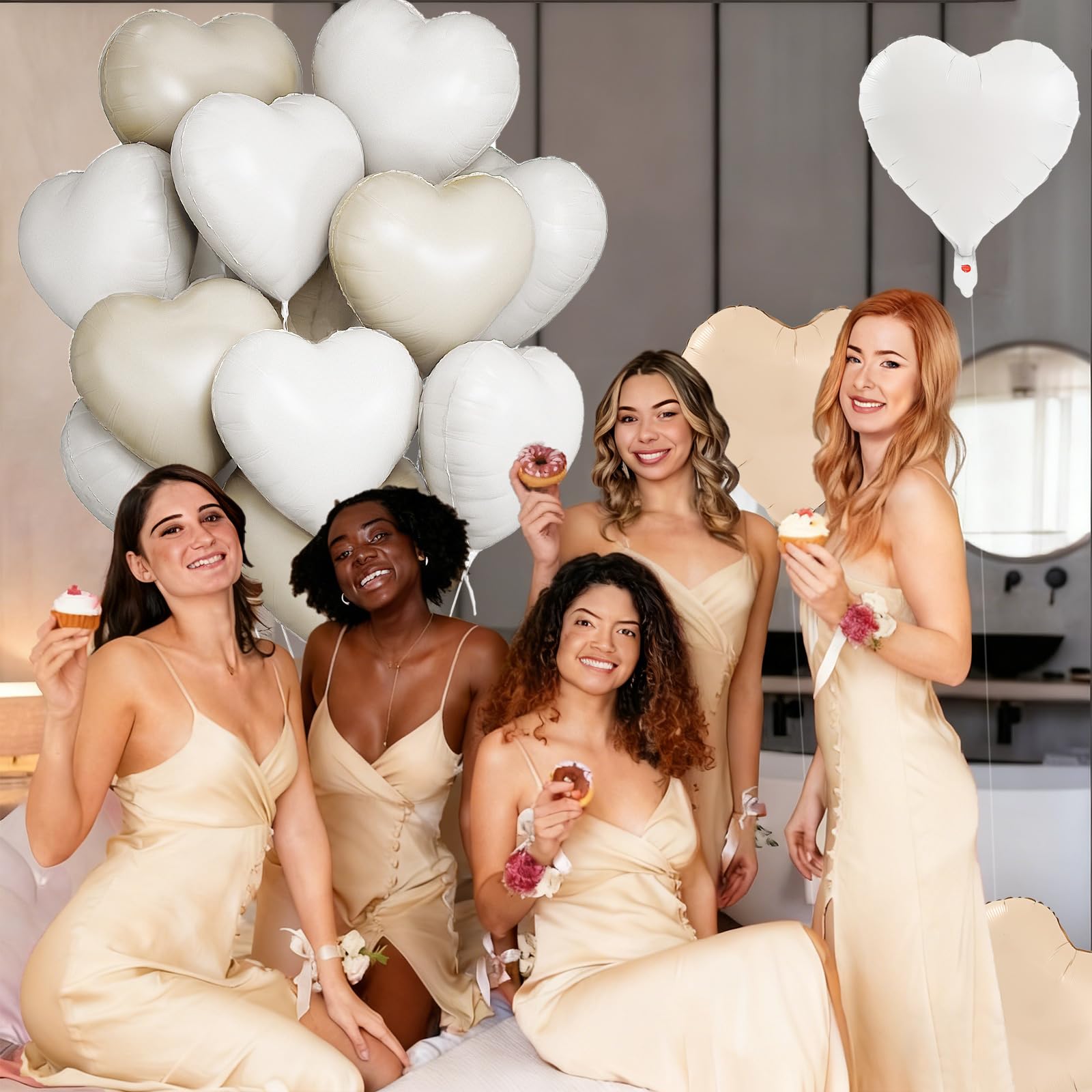 Set 12 Palloncini A Forma Di Cuore 45 Cm (18 Pollici) - Colori Beige, Verde E Oro, Lamina Pregiata Per Matrimoni, Compleanni, San Valentino - 3
