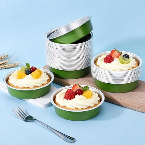 Beasea Mini Pie Tin Pan 100 Pack, 4 7.3oz 215ml Disposable Baking Cups Only, Aluminum Foil Mini Ramekin No Lids Baking Pie Tart Pan Cheesecake Cups for Birthday Wedding Party - Avocado Green