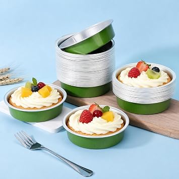 Beasea Mini Pie Tin Pan 100 Pack, 4 7.3oz 215ml Disposable Baking Cups Only, Aluminum Foil Mini Ramekin No Lids Baking Pie Tart Pan Cheesecake Cups for Birthday Wedding Party - Avocado Green