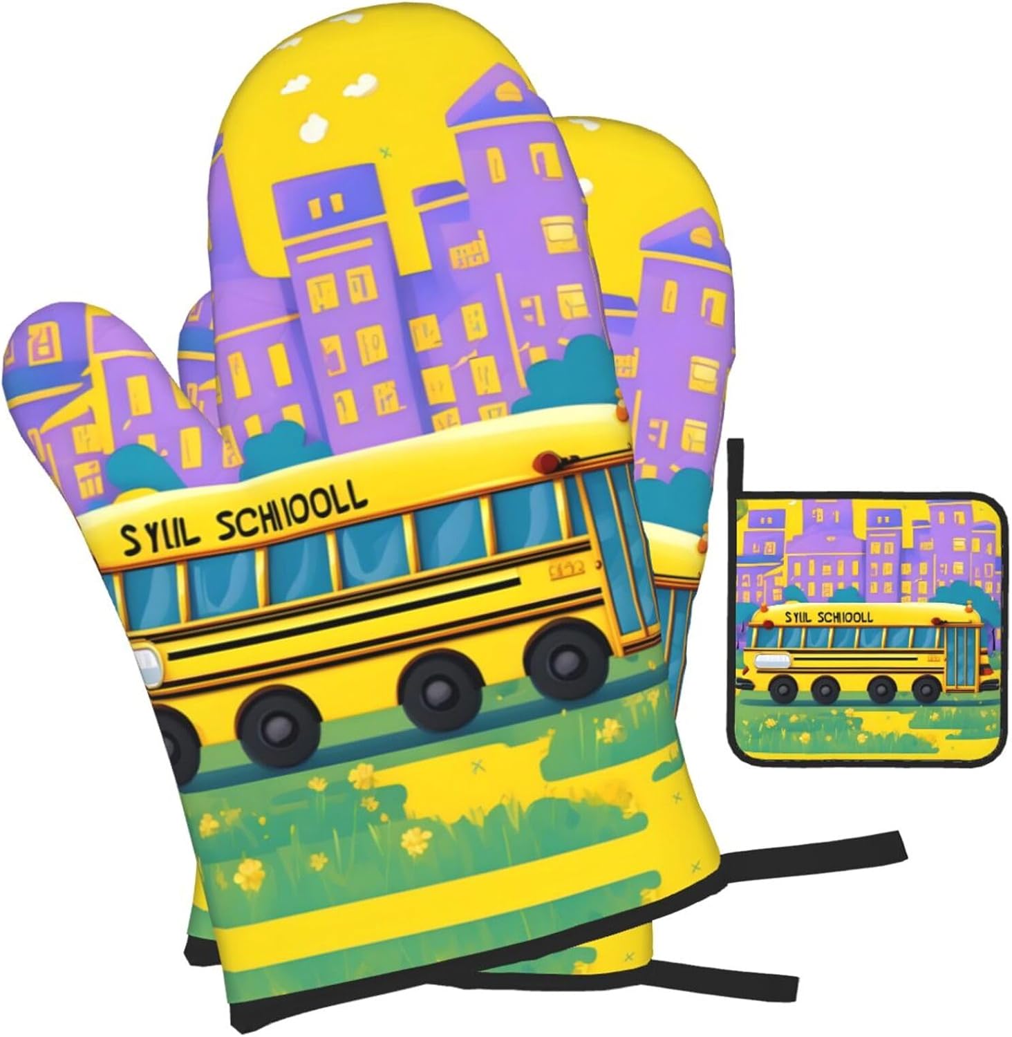 School Bus Print Heat Resistant Microwave Gloves, Used for Baking, Cooking, and Fashion Kitchen Essentials
