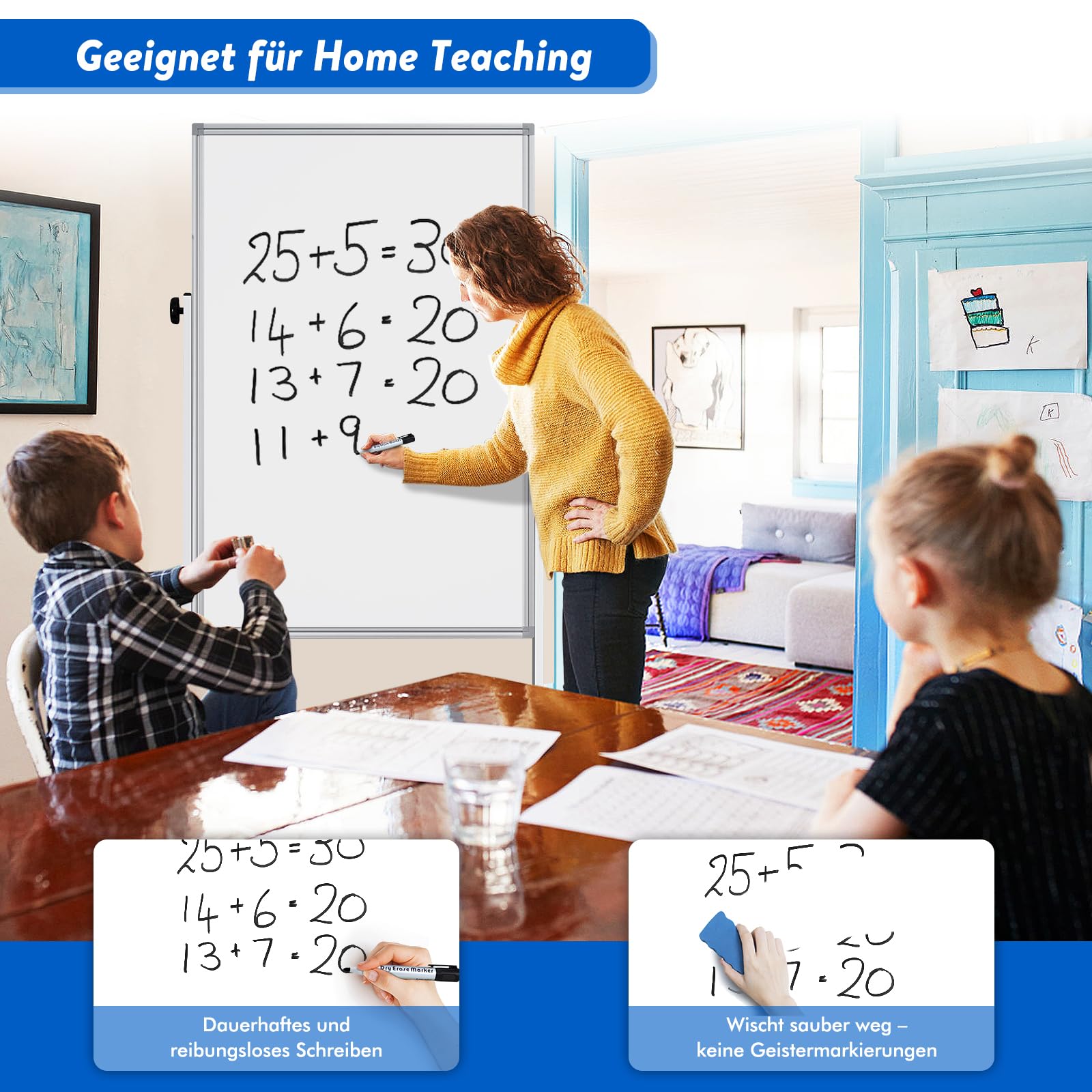 maxtek Lavagna mobile regolabile in altezza, 120 x 80 cm, lavagna magnetica su entrambi i lati con supporto, lavagnetta a secco, per ufficio, classe e casa