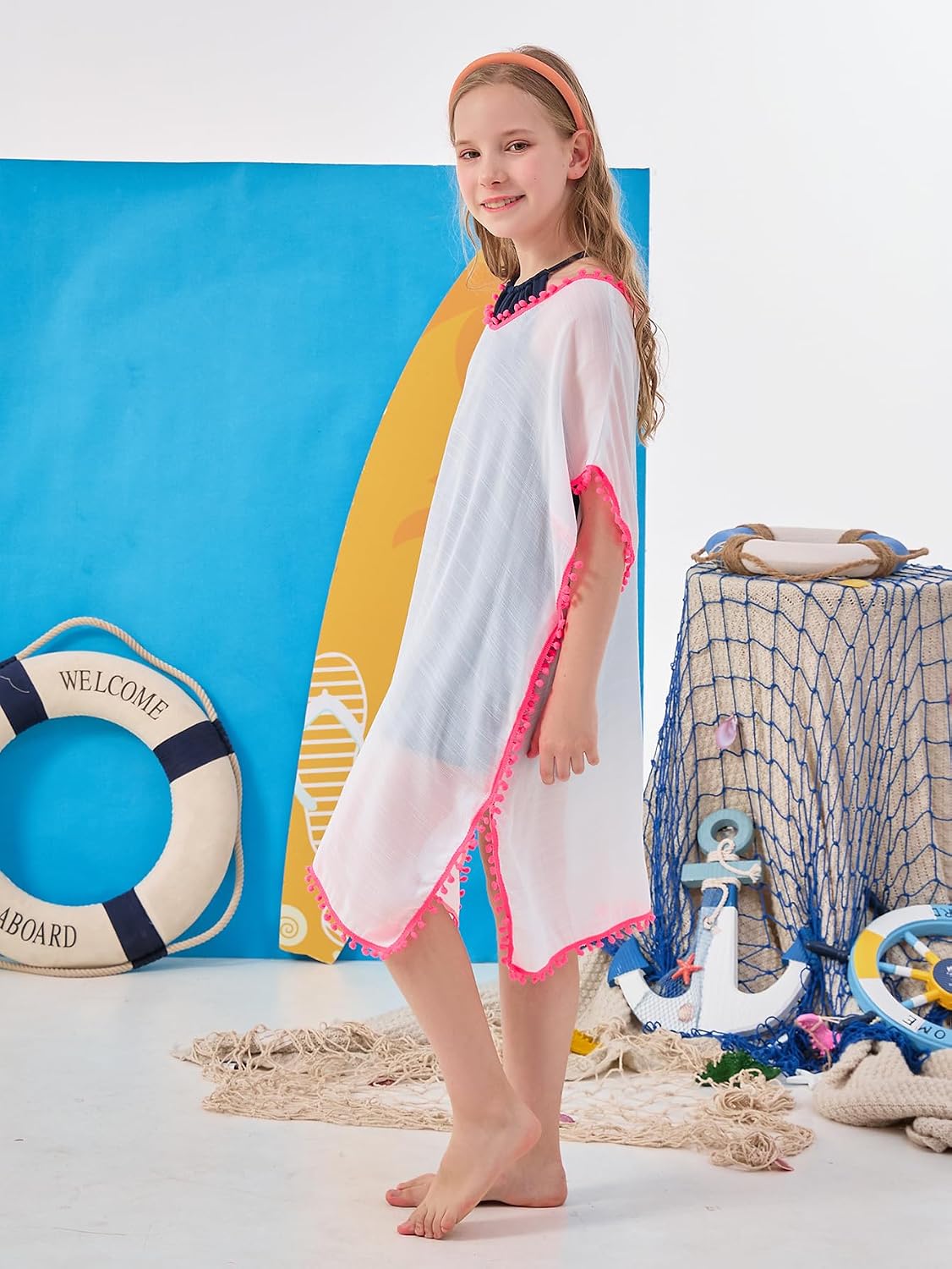 GORLYA Girls Casual Tassel Swimwear Cover Ups Bathing Chiffon Coverups Beach Swimsuit Wraps with Pom Pom Trim