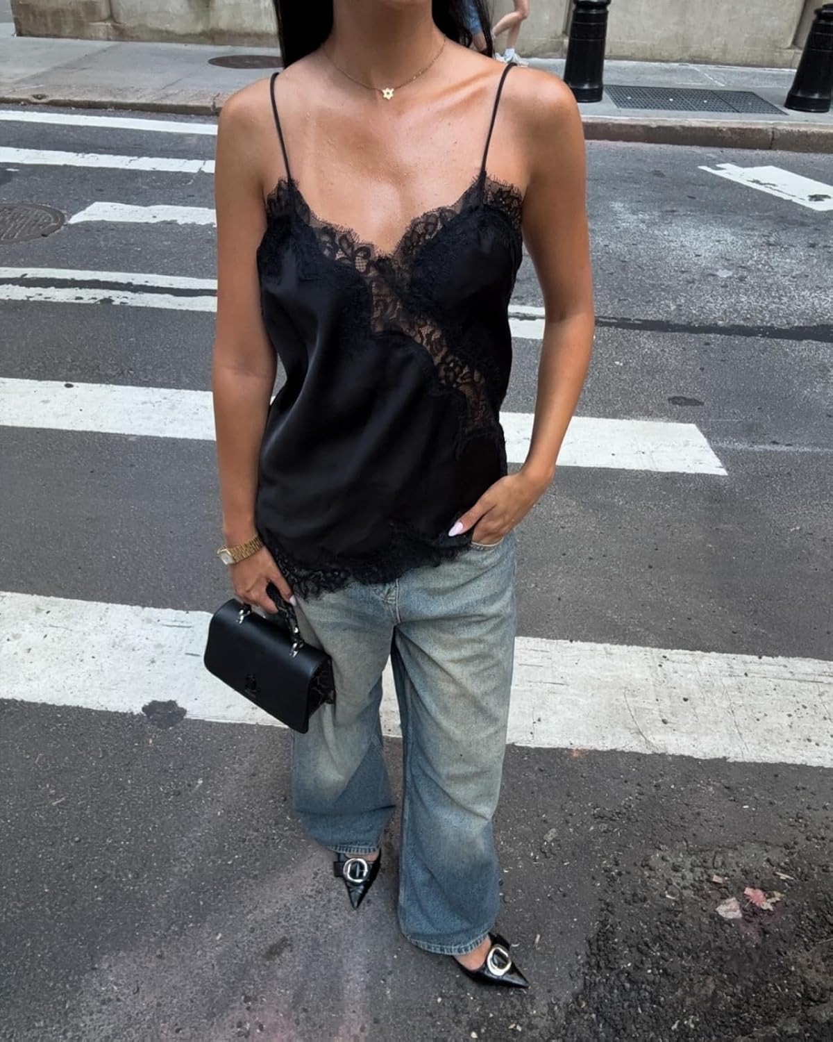 Women Satin Lace Camisole Top Sleeveless Spaghetti Strap Silk Lace Trim Cami Top Asymmetrical Tank Top Streewear - Image 4