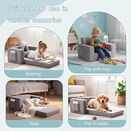 Miniatura 4 de Tiita Sofá para niños, sofá infantil 2 en 1, sofá convertible para niños, sofá convertible para niños, sofá plegable para niños o niñas (gris)