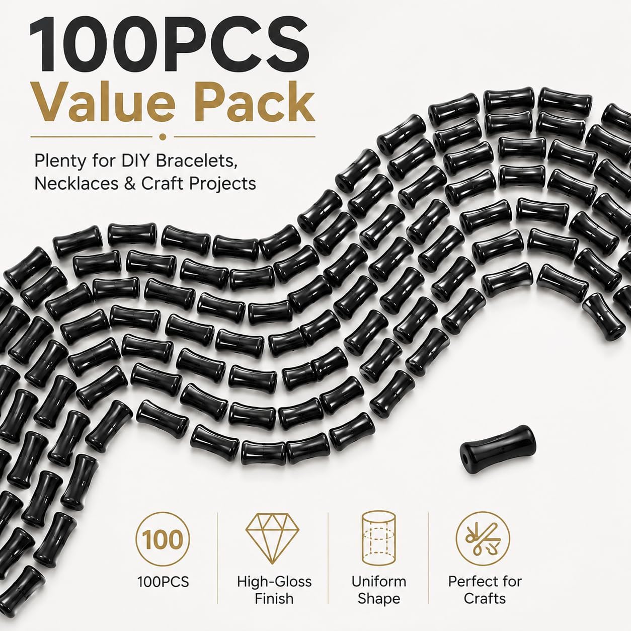 100 Pcs Glossy Black Bamboo Style Beads for Jewelry Making and DIY Projects image 2