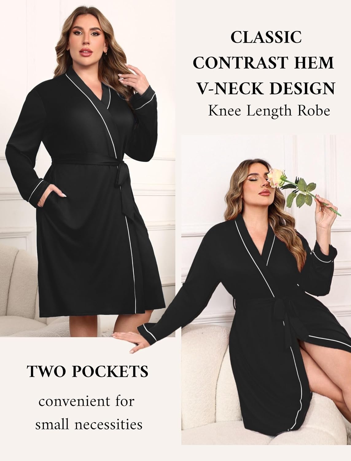 Ekouaer Plus Size Robes for Women Lightweight Bathrobe V Neck Kimono Loungewear Soft Maternity Robes with Pockets 1X-5X - Image 3