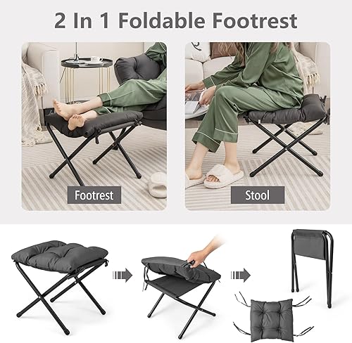 Miniatura 5 de GORELAX Silla Lazy con otomana, silla decorativa moderna con reposabrazos y bolsillo lateral, sofá tapizado y reposapiés plegable, silla de lectura