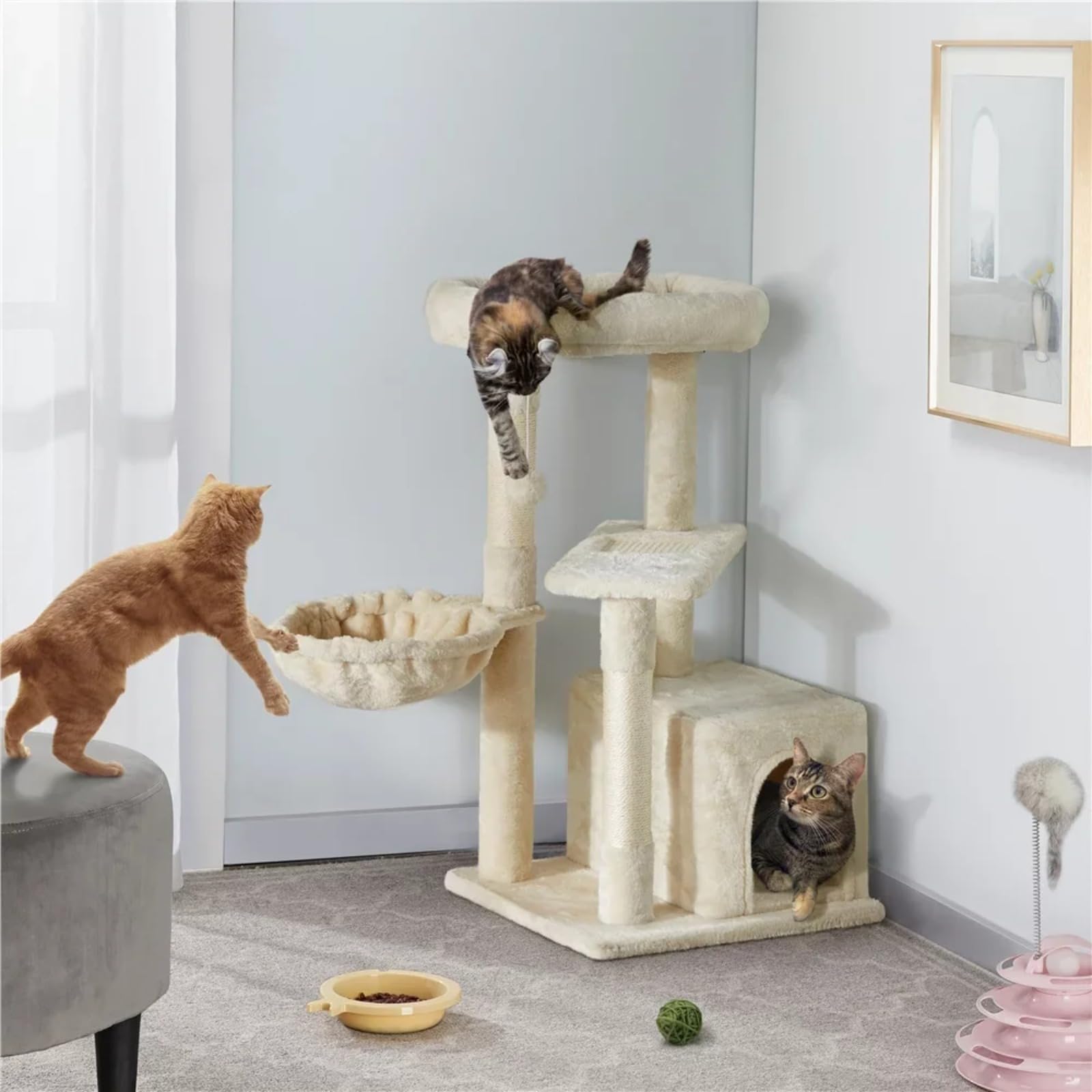 Tiragraffi a torre per gatti multilivello con condomini e scala, centro attività per gatti interni, condomini e posatoi, forniture per gatti, rastrelliere per gatti, giocattoli per gatti