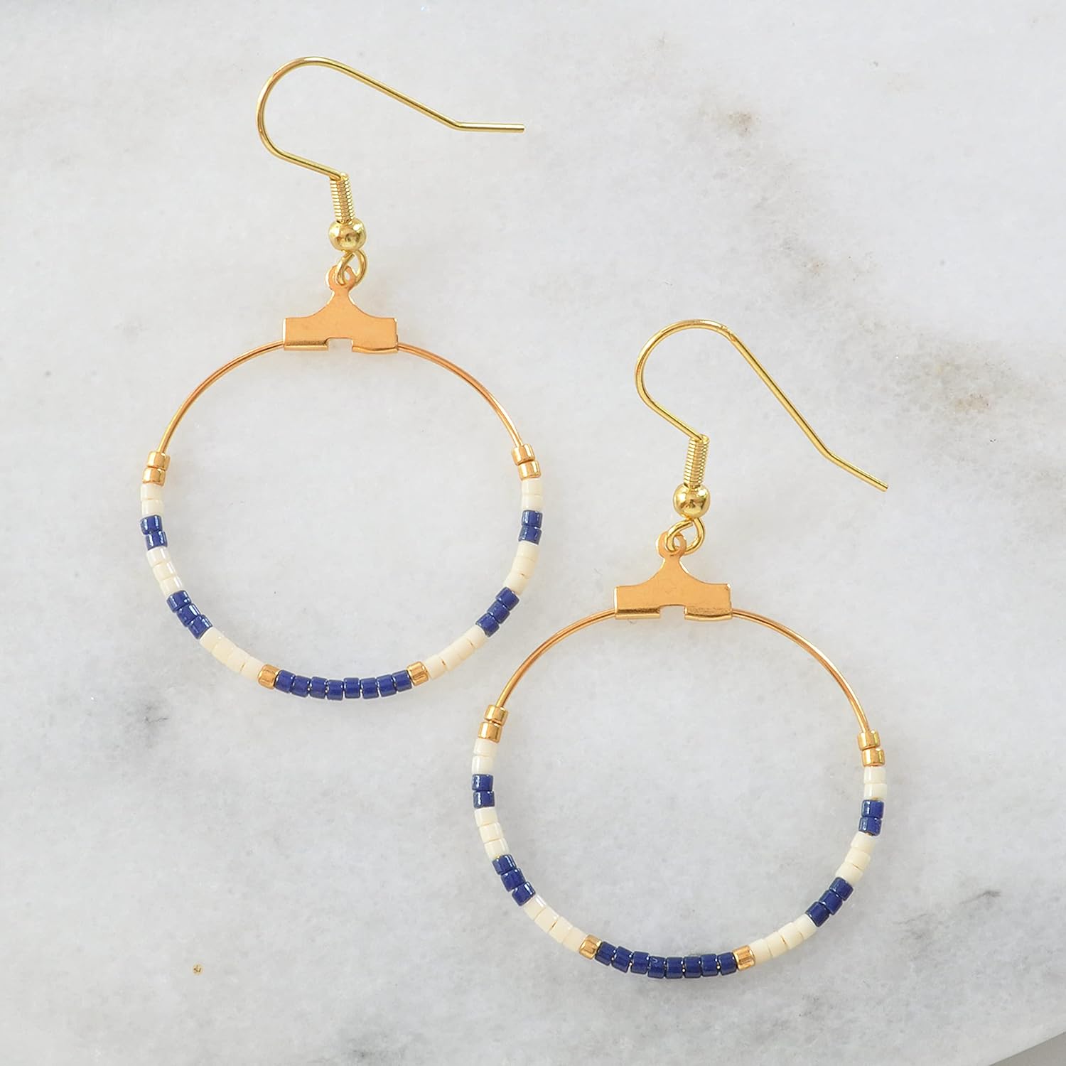 Navy White Small Beaded Nautical Hoop Earrings on Gold-Plated Ear Wires