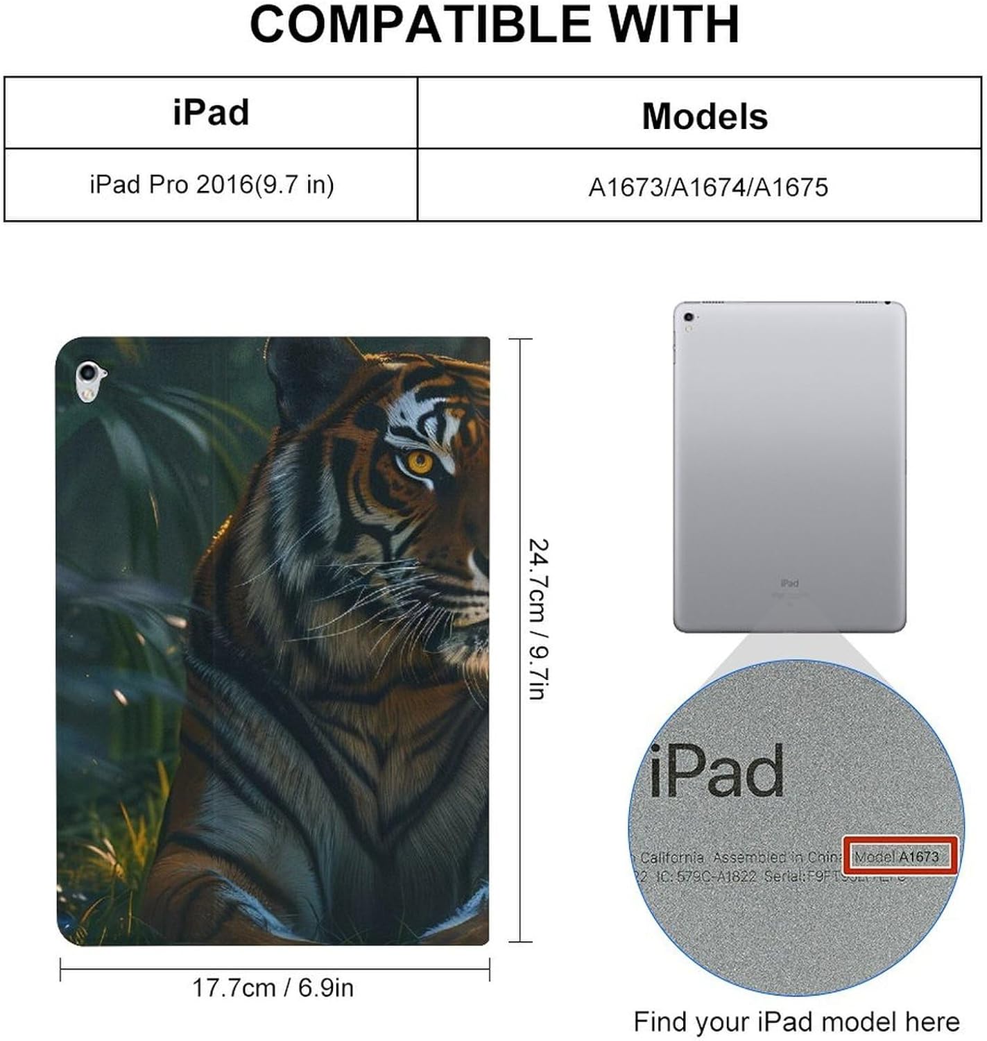 Tiger Printed Case Trifold Stand Protective Cover Compatible with ipad Pro/2016 ipad Pro (9.7in)