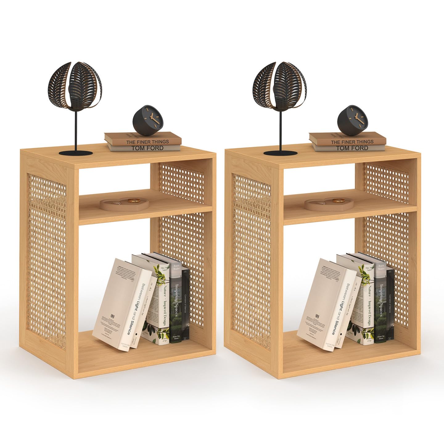 IDMarket - Lot de 2 Tables de Chevet Nora avec rangements Ouverts cannage et Bois