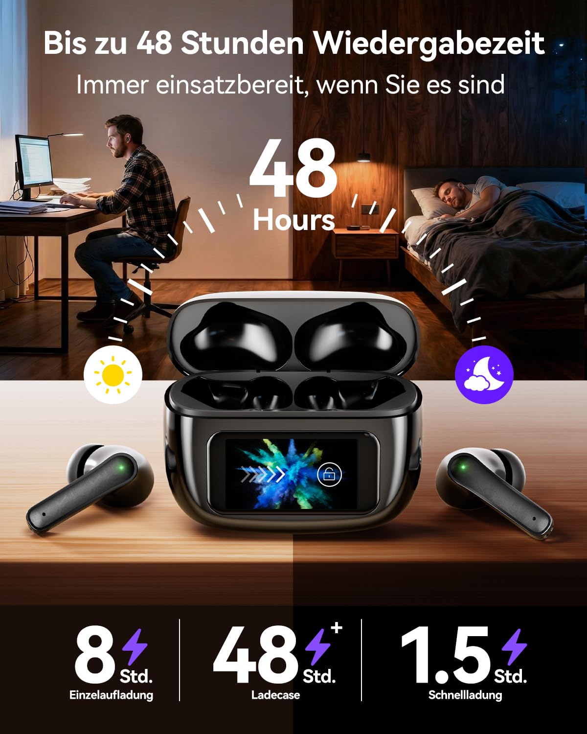 ZIUTY Bluetooth Kopfhörer 5.4, In Ear Kopfhörer mit Touchscreen Display, ANC & ENC Noise Cancelling, 5 EQ Modi, HiFi Stereo Sound, 48 Std. Spielzeit, IPX7 Wasserdicht für iPhone und Android-Schwarz