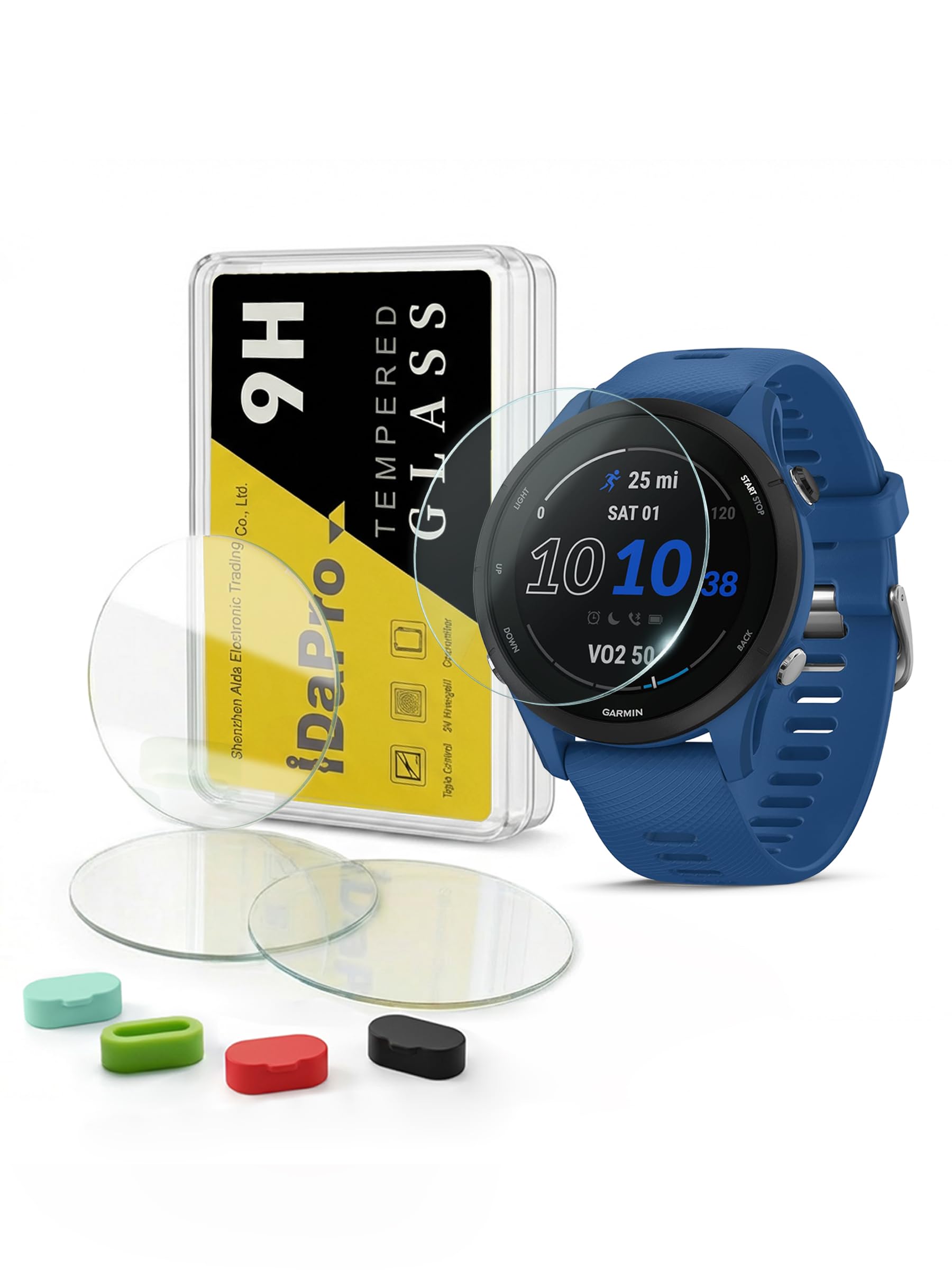 [4+4Pack Screen Protector for Garmin Forerunner 255/255 Music 46mm with Silicone Anti-dust Plugs,9H Tempered Glass Protection Kit in Reusable Storage Case,Anti-Scratch,Bubble-Free Installation