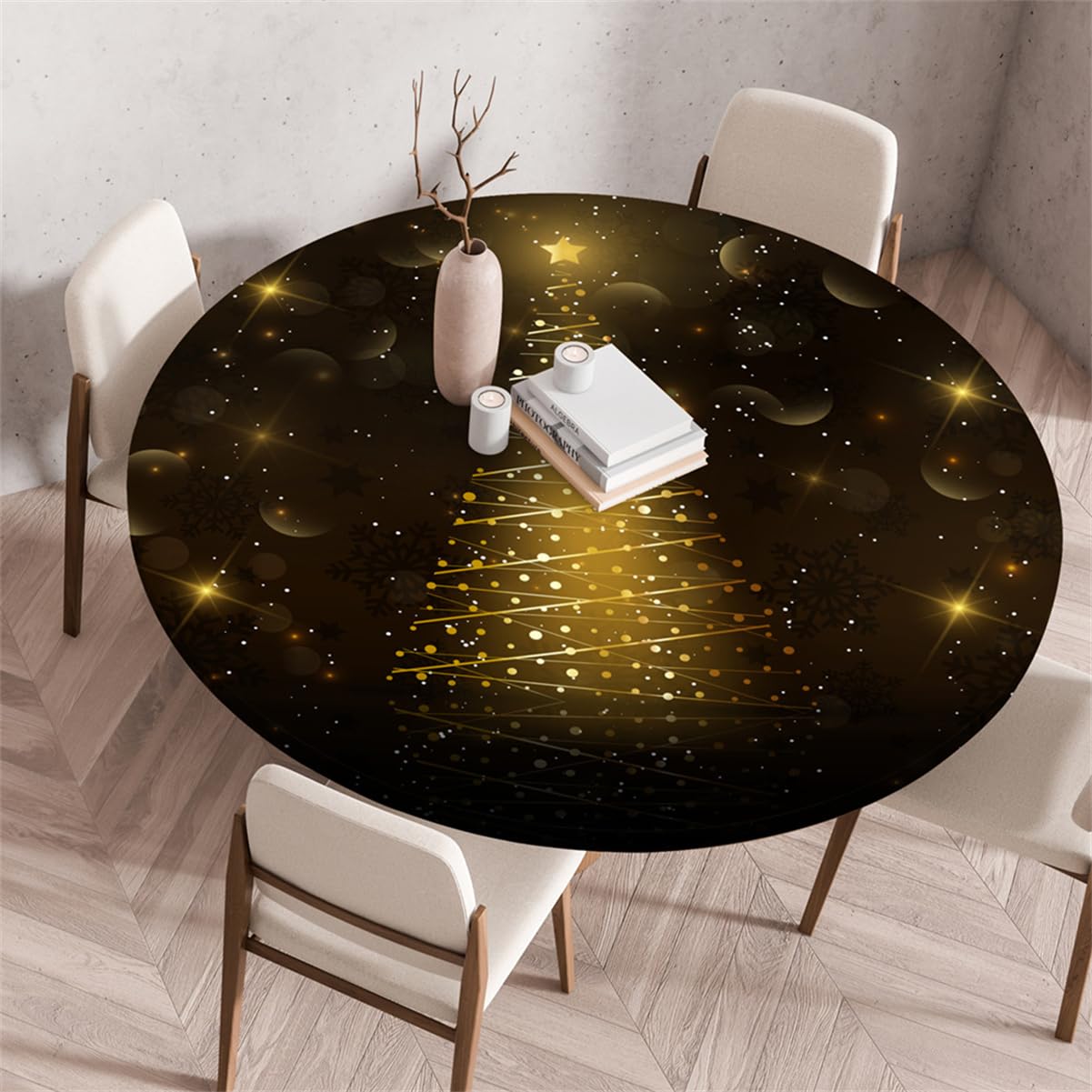 RUILBJ Round Tablecloth with Elasticated Edges Christmas Style Theme Tablecloths Coffee Table Cover Waterproof Oil-Proof Reusable Tablecloths for Dining Bistro Outdoor Garden (Black,60cm)