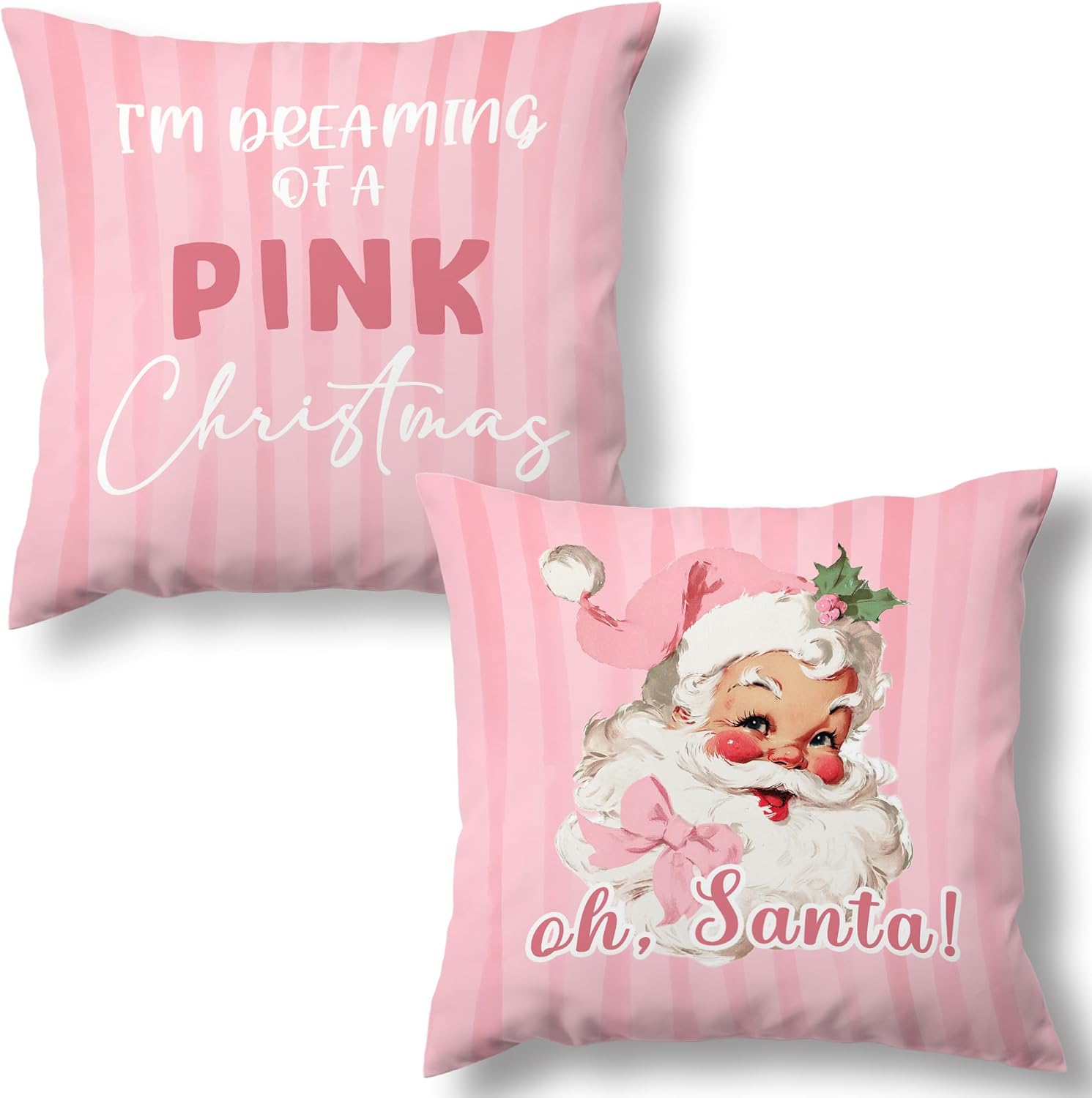 I'm Dreaming of A Pink Christmas Santa Decorative Throw Pillow Covers Set of 2, Trendy Coquette Bow Pillows Covers for Girly Room, Preppy Pillow Cases Decor for Couch Bedroom Winter 18x18in