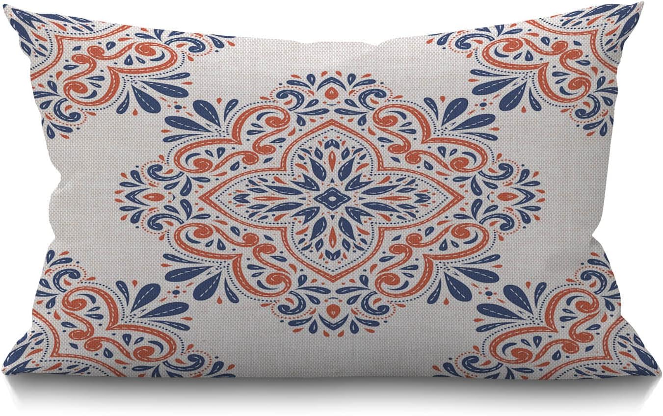 Mandala Cushion Cover 12x20 Inch Aztec Blue Orange Vintage Paisley Ethnic Moroccan Flower Rectangle Pillow Cases Home Decorative Cotton Linen Throw Pillow Cover for Bed Sofa 30 x 50 cm
