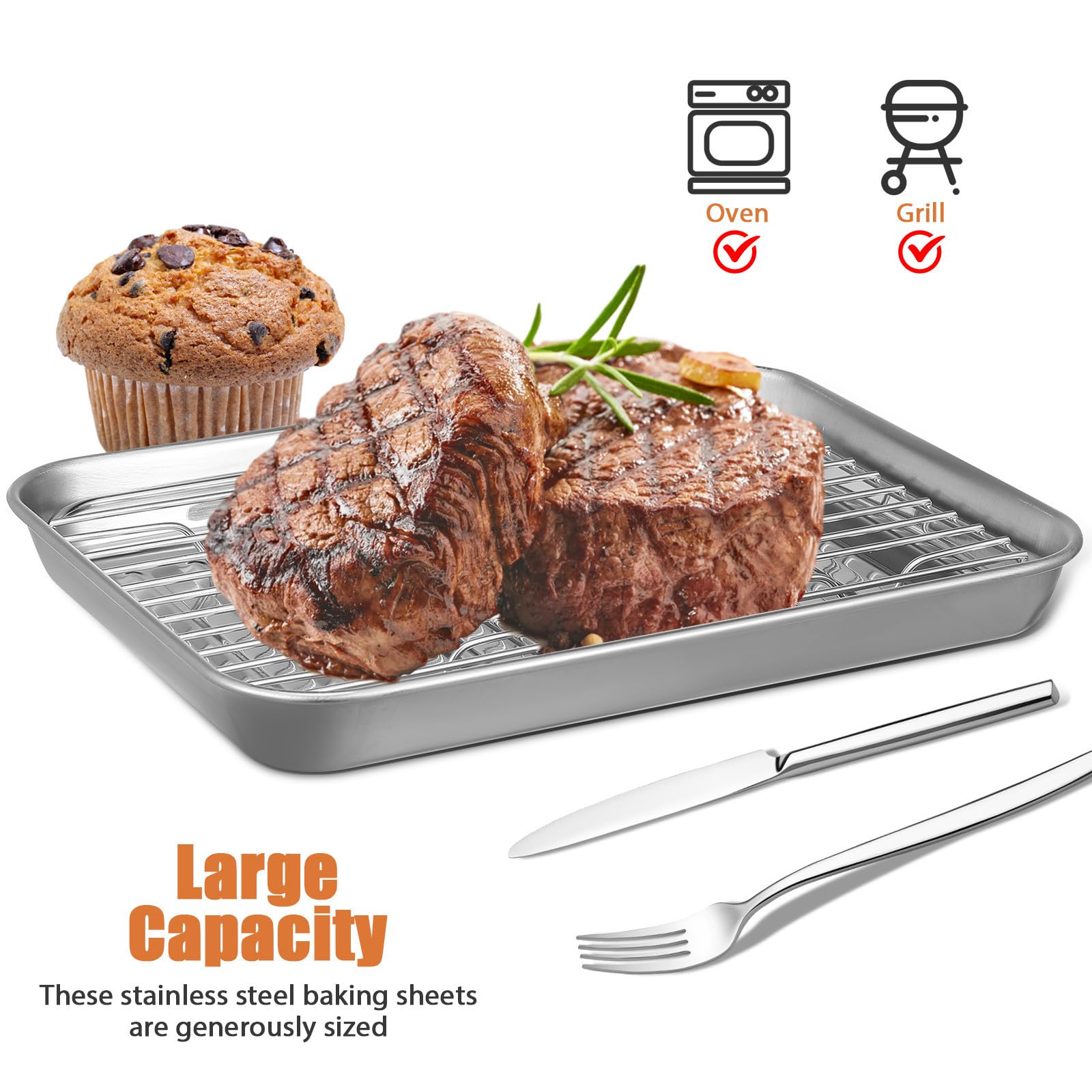 2 Juegos Juego para Hornear de Acero Inoxidable con Bandeja para Horno y Rejilla de Alambre, Gran Capacidad y Fácil Limpieza para Cocina y Grill