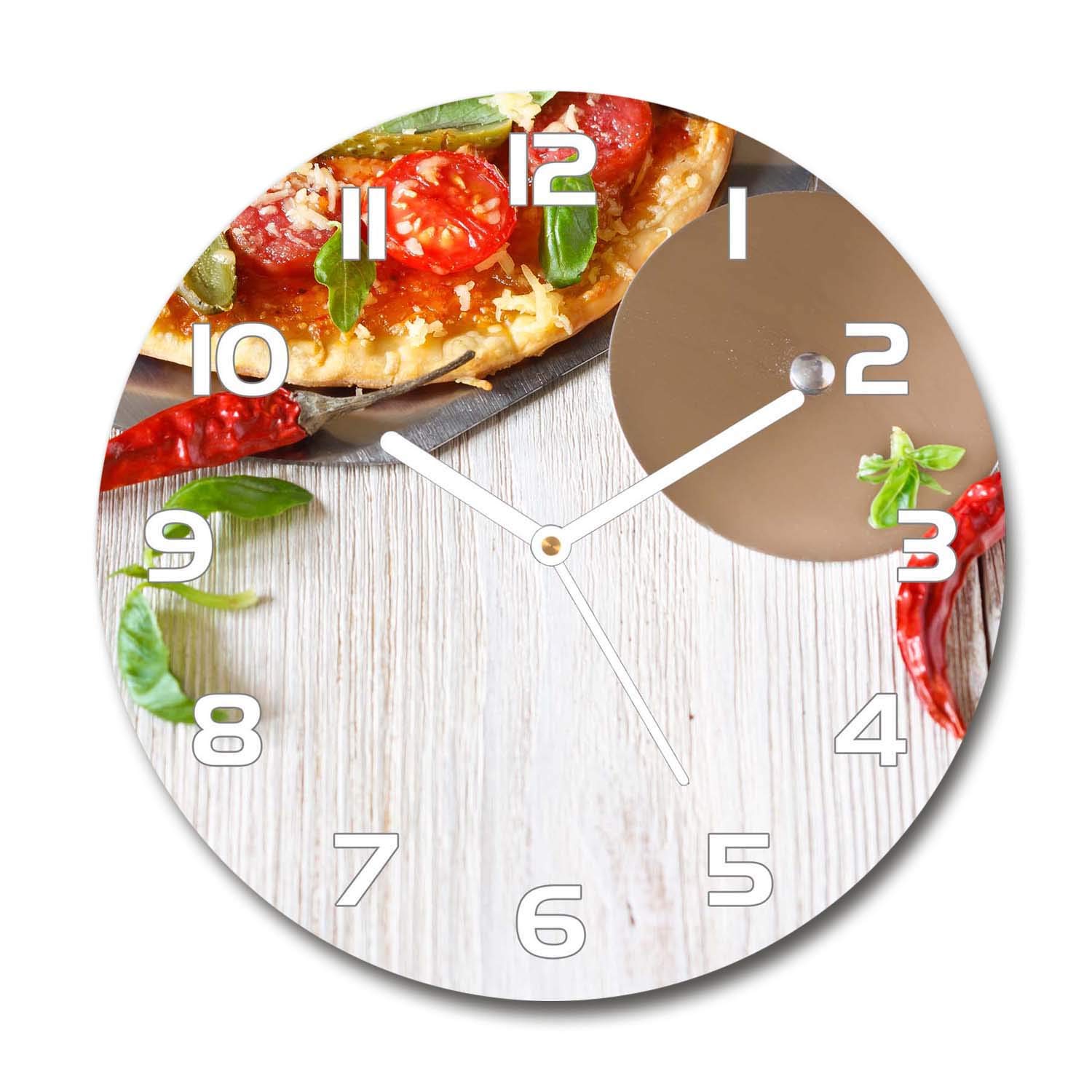 Horloge en verre 60x60cm Tulup design pizza avec des aiguilles blanches
