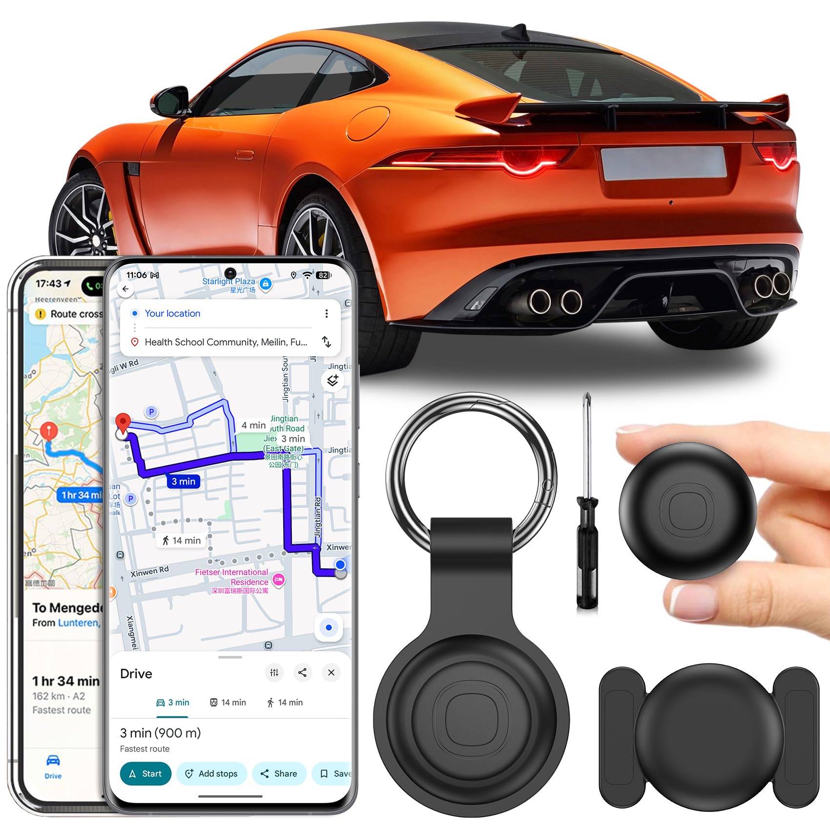 GPS Tracker per Auto, Air Tracker Android e IOS,Magnetico Gps Per Auto, IP68 Impermeabile Auto Localizzatore con App Copertura Globale In Tempo Reale Tracciare Veicolo/Moto,Senza SIM senza Abbonamento