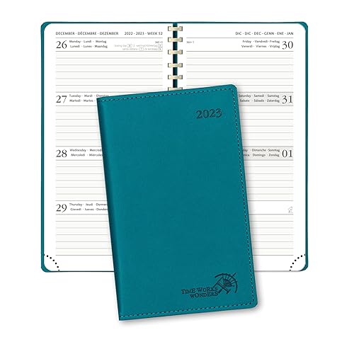 POPRUN Pocket Diary 2023 Slim Week to View 16.5 x 9 cm - Small Weekly Planner A6 Runs Dec'22 - Dec'23 with Dotted Note Pages, Vegan Leather Soft Cover,Pacific Green