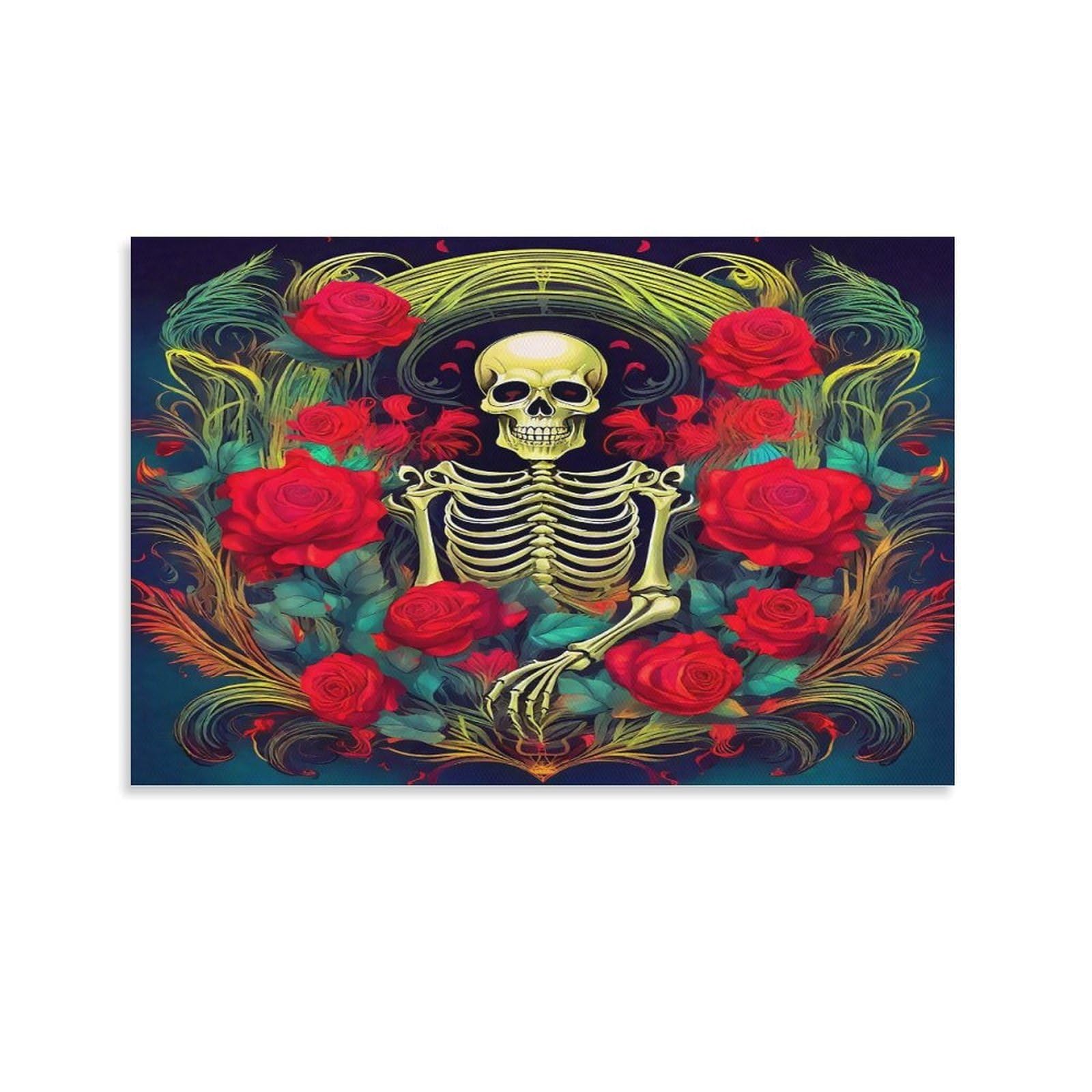 CPLVKWRQJ Skeleton with Red Roses And Feathers Single Golden Skeleton Surrounded Vivid Red Roses Canvas Artwork - Nursery Canvas Wall Hanging Space Saving Ready to Hang Decor 20x30inch(50x75cm)