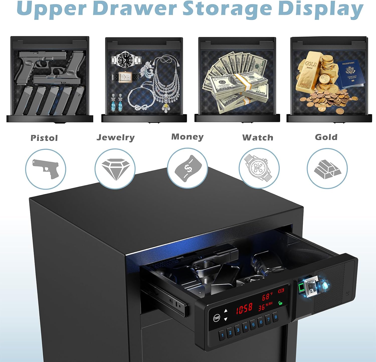 Sliding-Away Drawer Safe with LCD Display of Temp,Humidity,Time,Home Security Electronic Safe for Money Cash Valuables,Keypad Large Lock Box Cabinet Safes