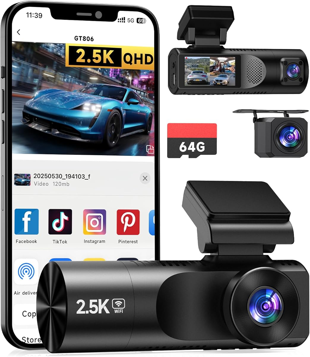 TUIFAC 3 Channel Dash Cam, 2.5K Dash Camera Front and Dual 1080P Inside/Rear with 64GB Card, Wi-Fi Dash Cam Front and Rear, Night Vision, G-Sensor, 24H Parking, Loop Recording, 1.97”IPS, Support 256GB : Electronics