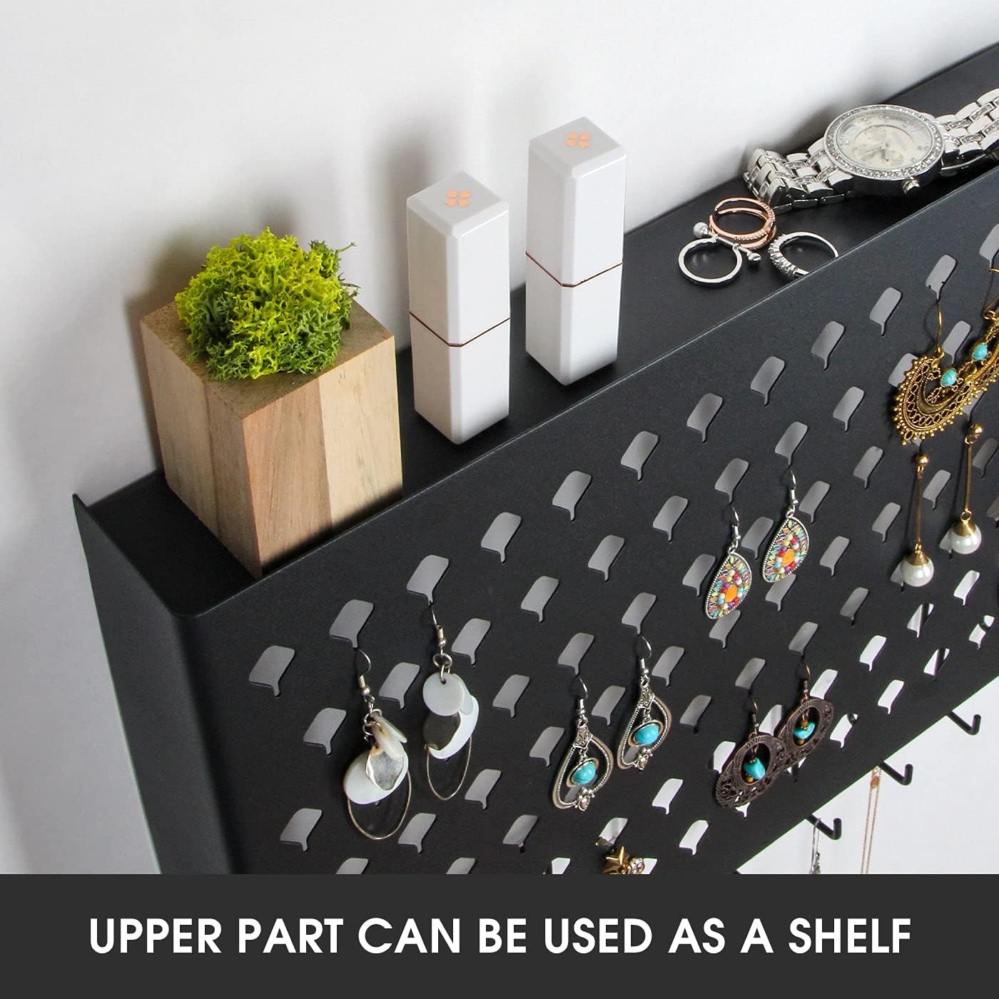 JackCubeDesign Wall Mounted Jewelry Organizer, Earring Necklace Bracelet Holder Display Hanger with 109 Holes & 19 Hooks (Black,16.5 x 2.4 x 13.2 inches) - MK329A