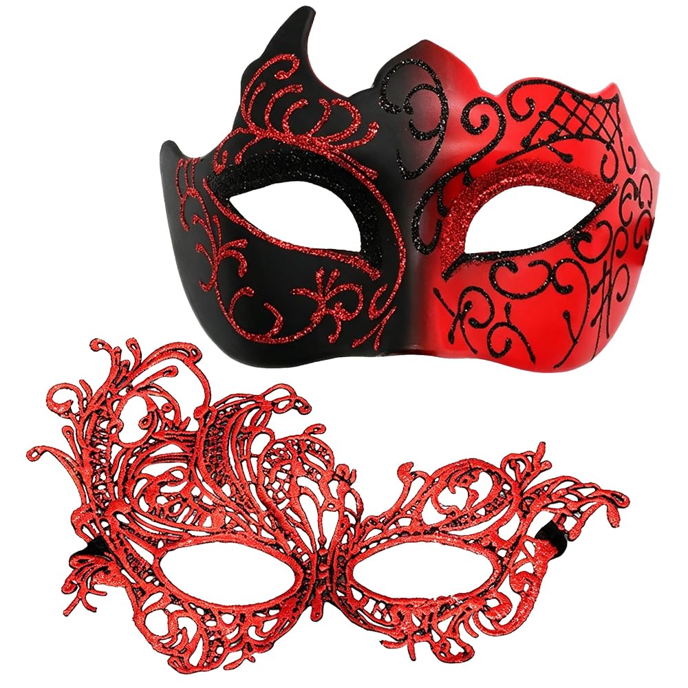 HAJXXMM Couple Mask Masks, Venetian Masquerade Masquerade Mask, Costume Masks for Women Men Halloween Carnival Party -Black & Red