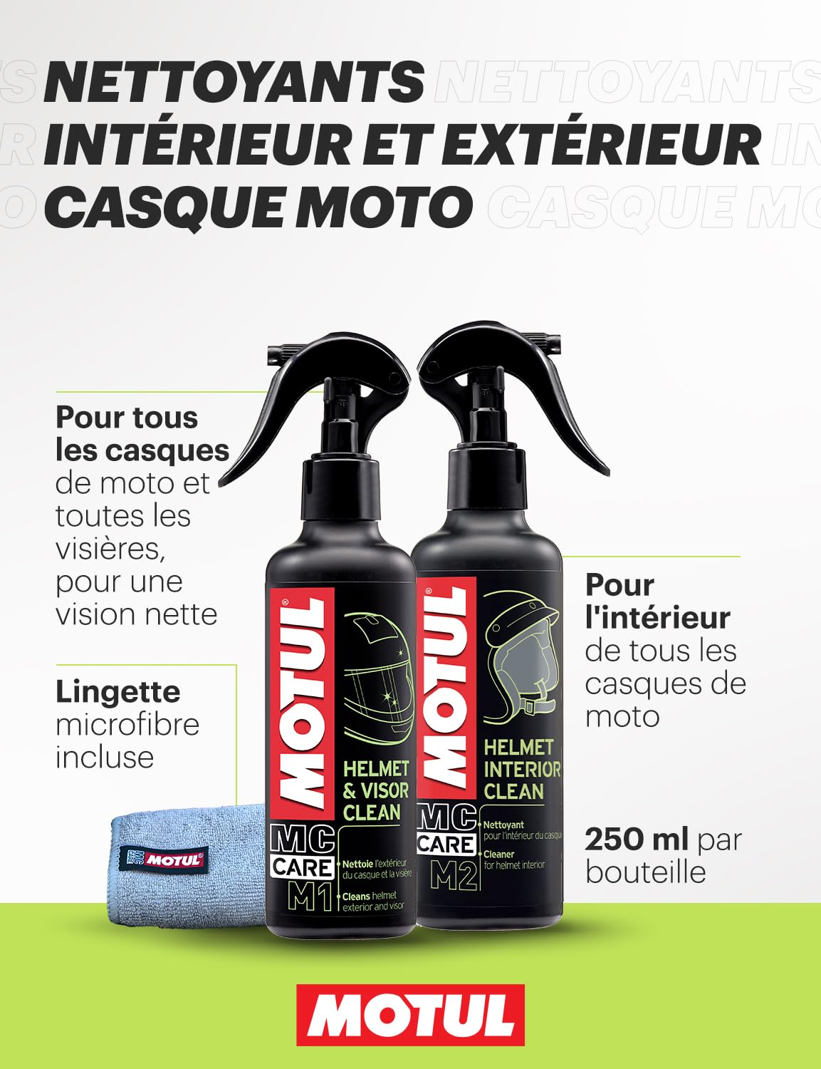 Motul - Kit de Nettoyage Casque Moto - Nettoyant Extérieur Casque et Visière Moto + Nettoyant Intérieur + Chiffon en Microfibre - MC Care Helmet & Visor Clean M1 - MC Care Helmet Interior Clean M2