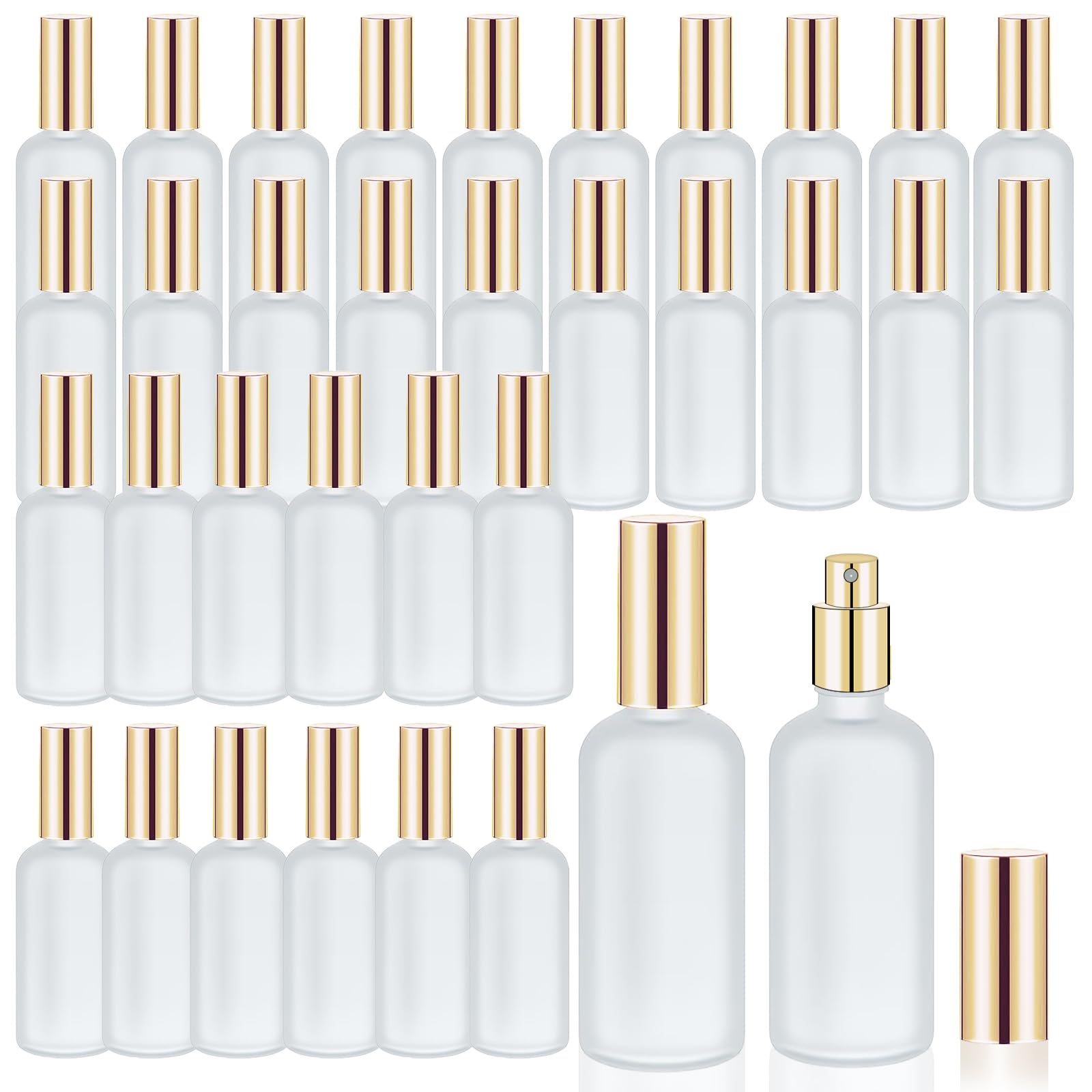 Glassprühflaschen, leer, mattiert, wiederverwendbar, Kosmetikbehälter mit feinem Sprühnebel, Pumpe für Reisen, Gesicht, Körper, Sprays, Hellgold, 32 Stück