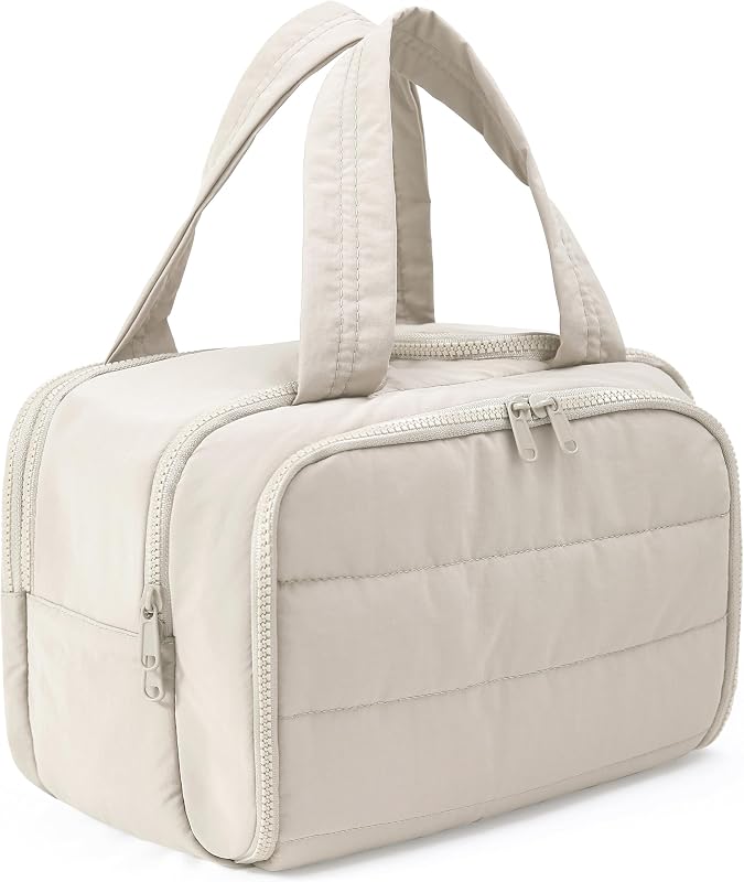 Necessaire de viagem BUZFOWU bege com abertura ampla, separação entre úmido e seco e vários bolsos