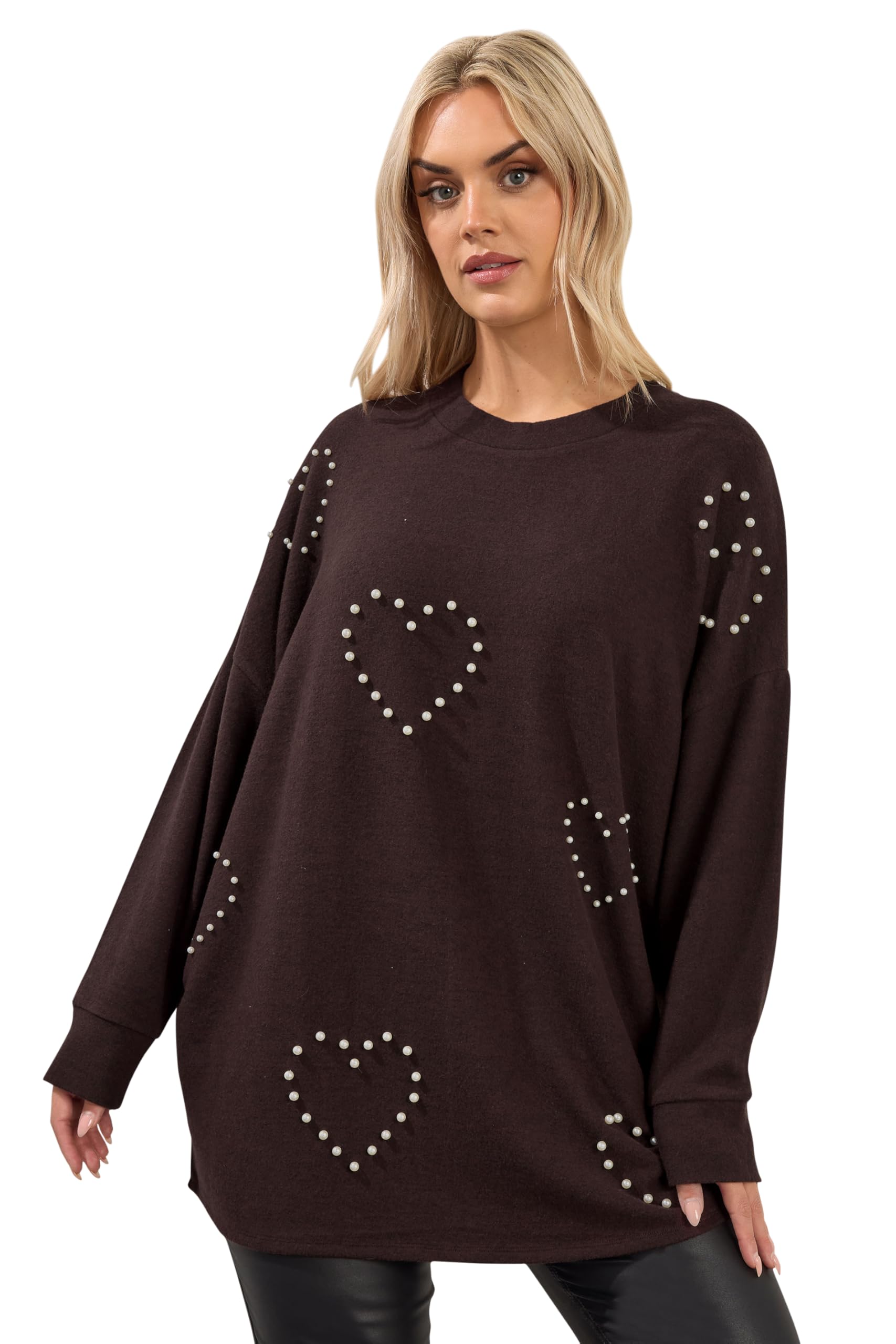 Yours Women's Chocolate Curve Brown Pearl Embellished Soft Touch Jumper - Plus Size Curve