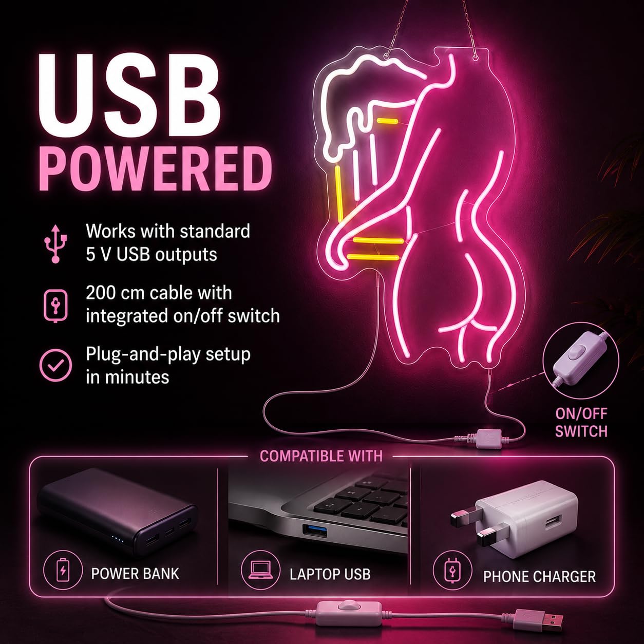 Insegna al neon con scritta "Lady Back", decorazione da parete a LED rosa, per camera da letto, bar, club, grotta degli uomini, soggiorno, decorazione per feste, alimentata tramite USB, 42 x 23 cm