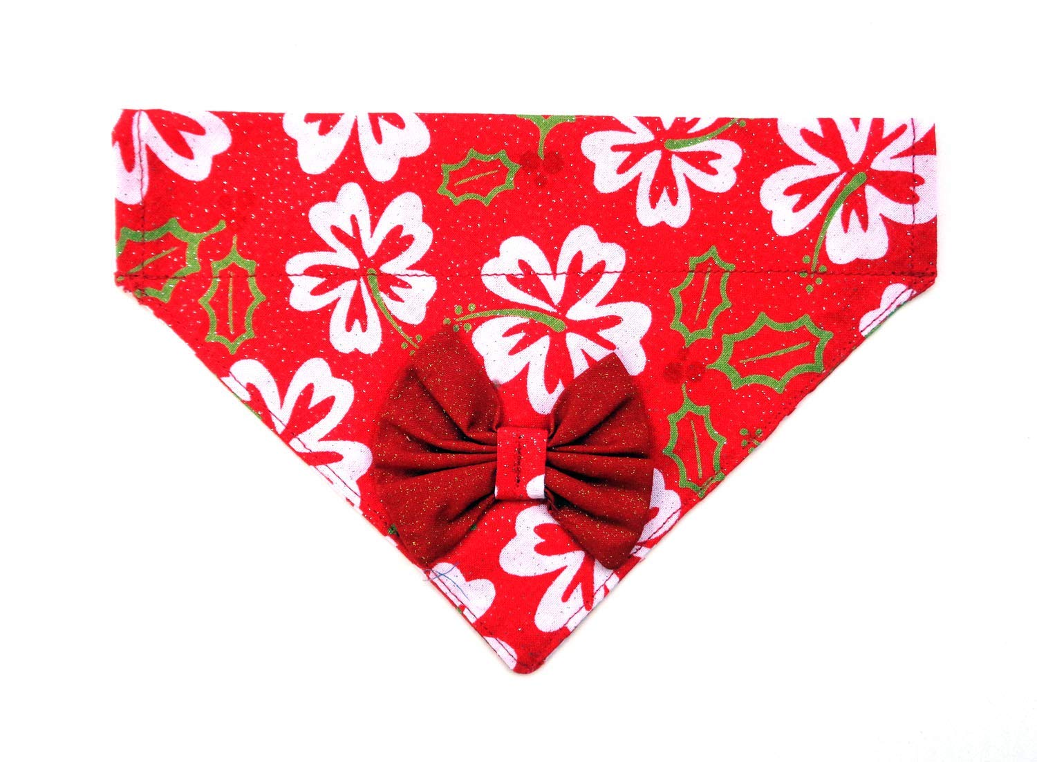 2 in 1 Glittery Hawaiian Christmas Bandanna and Red Bow, Hibiscus Flower Dog Holiday No-Tie Slip On Festive Neckwear Petwear Accessories