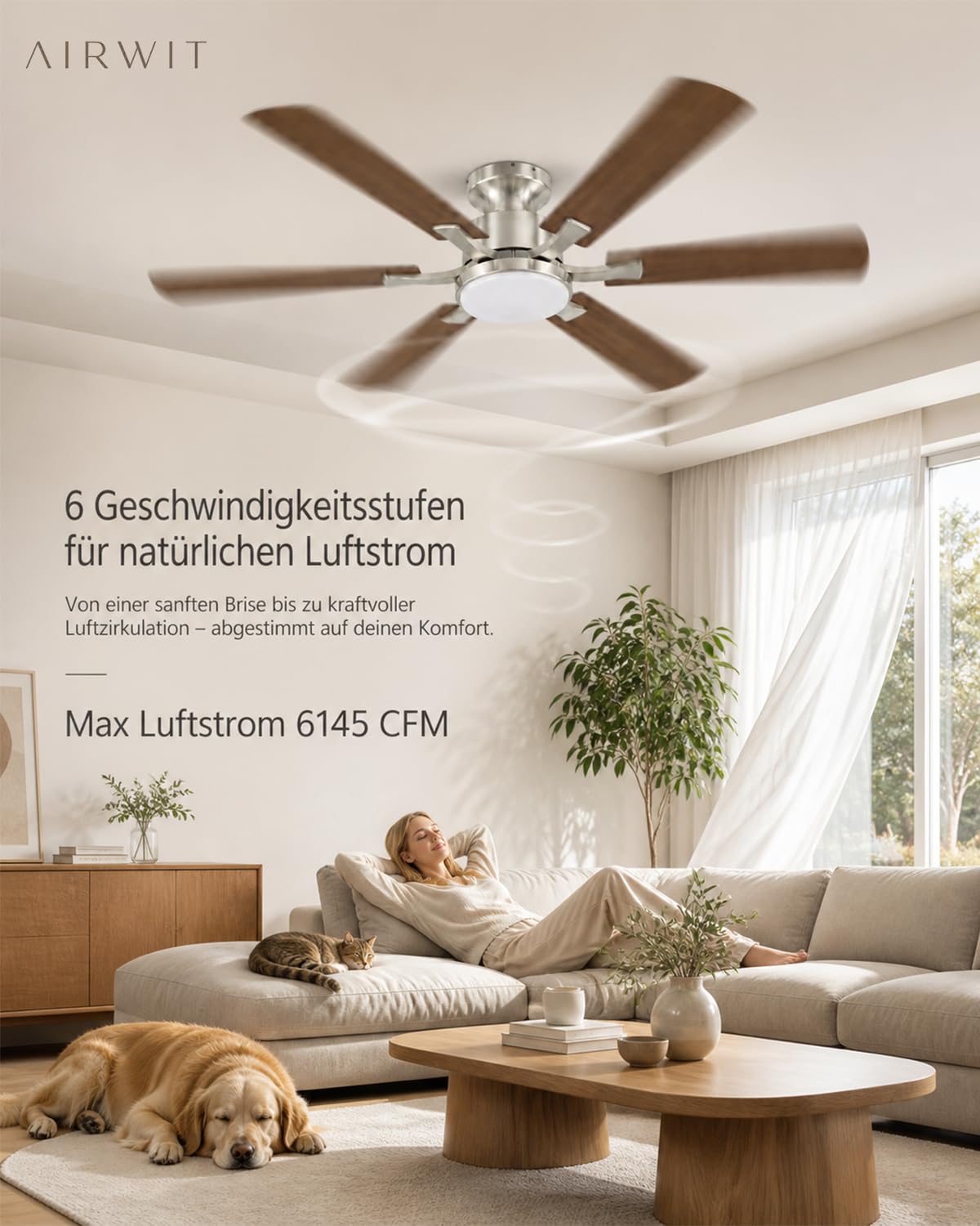Airwit 132 cm Deckenventilator mit Beleuchtung und Fernbedienung, Deckenventilator mit Licht, leiser DC-Motor, 6 Geschwindigkeiten, dimmbare LED, Timer, Sommer-/Winterbetrieb, Walnuss/Silber