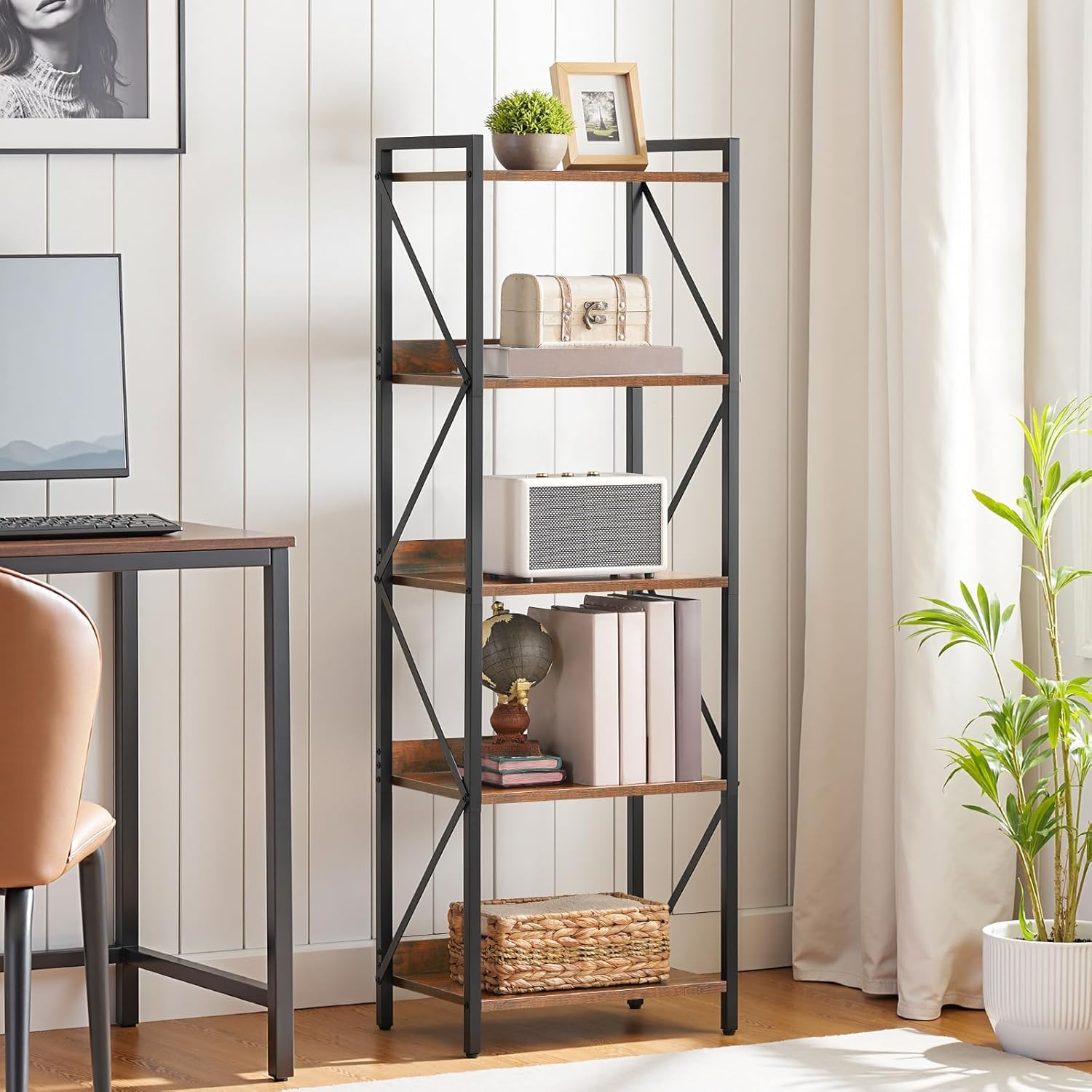 HOOBRO Computer Desk and Bookshelf Bundle, Home Office Desk with Power Outlet and 2 Shelves, Tall Bookshelf with Metal Frame for Home Office, Study, Rustic Brown and Black BF43UDN01-BF73SJ01