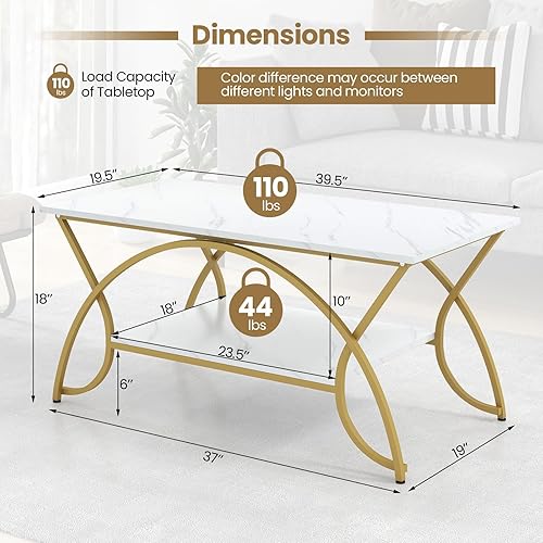 Miniatura 12 de COSTWAY Mesa auxiliar de 2 niveles, moderna mesa decorativa de mármol sintético con almacenamiento y marco de metal acabado negro, elegante mesa