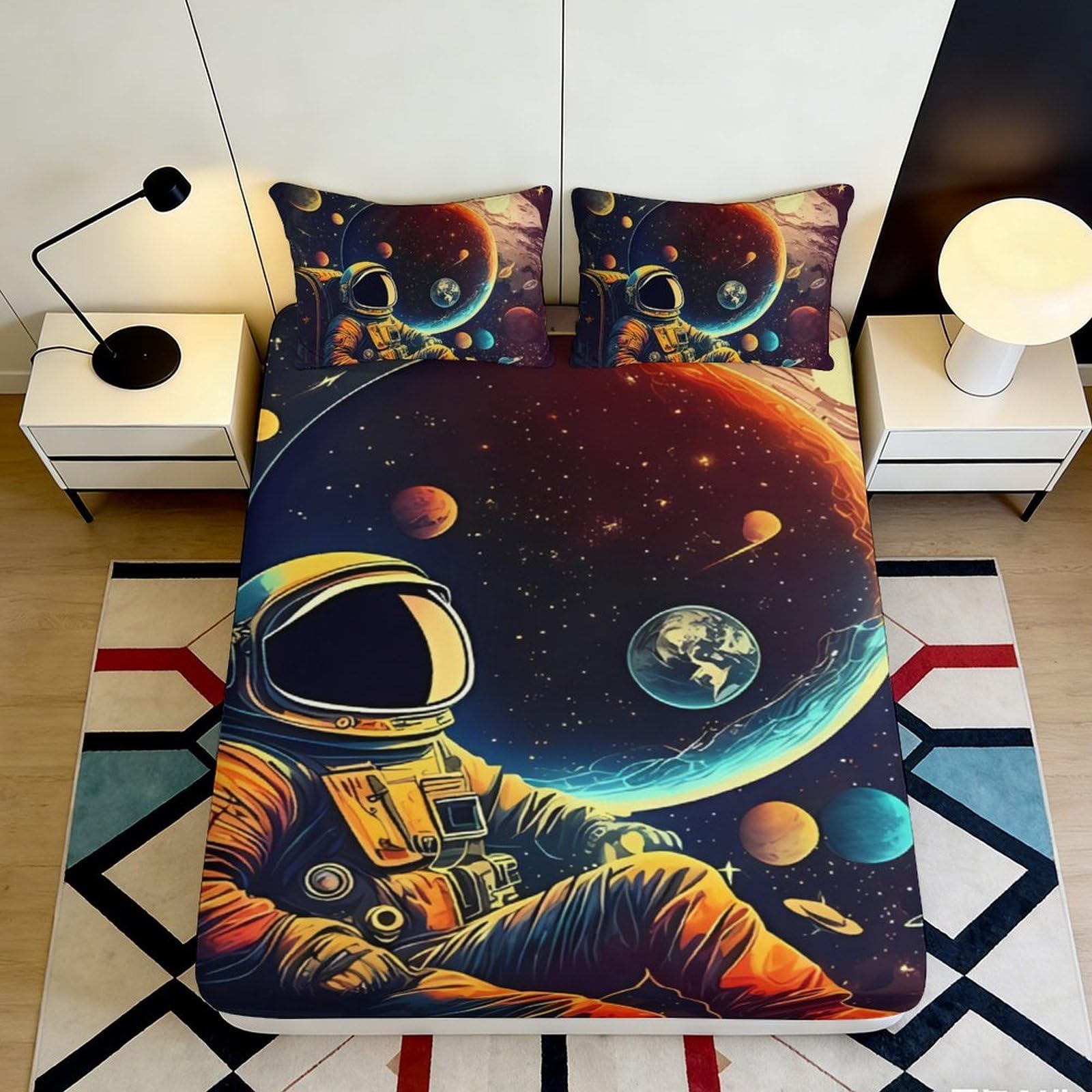 3D Printed Space Planet Fitted Sheet Microfiber Deep Pocket Non-Slip Astronaut Mattress Fitted Cover Bedroom 180x200x25cm