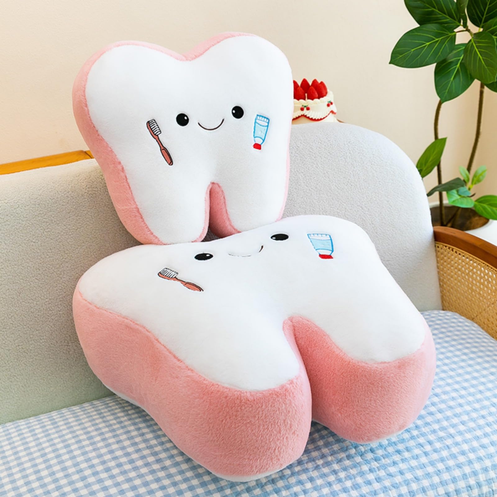 Zahn kuschelkissen für Kinder, weiches Dekokissen für Mädchen und Erwachsene, Flauschiges Zahn-Kuschelkissen in Weiß-Rosa (60cm)