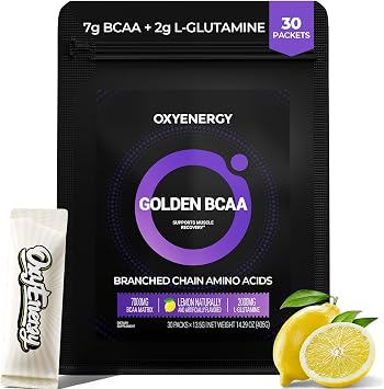 OxyEnergy BCAA 211 Powder, 7g BCAAs and 2g L-Glutamine, Taurine for Muscle Recovery, Increased Endurance, Perfect Amino Aicds for Pre & Post Workout Recovery, Sugar Free, Lemon, 30 Stick Pack