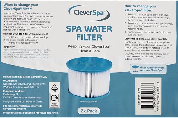 CleverSpa 8106 Water Filter Pack Compatible for Use with All CleverSpa Hot Tubs, Easy-to-Install and Simple-to-Maintain, 17.1 cm x 10 cm x 9.8 cm (White and Light Blue)