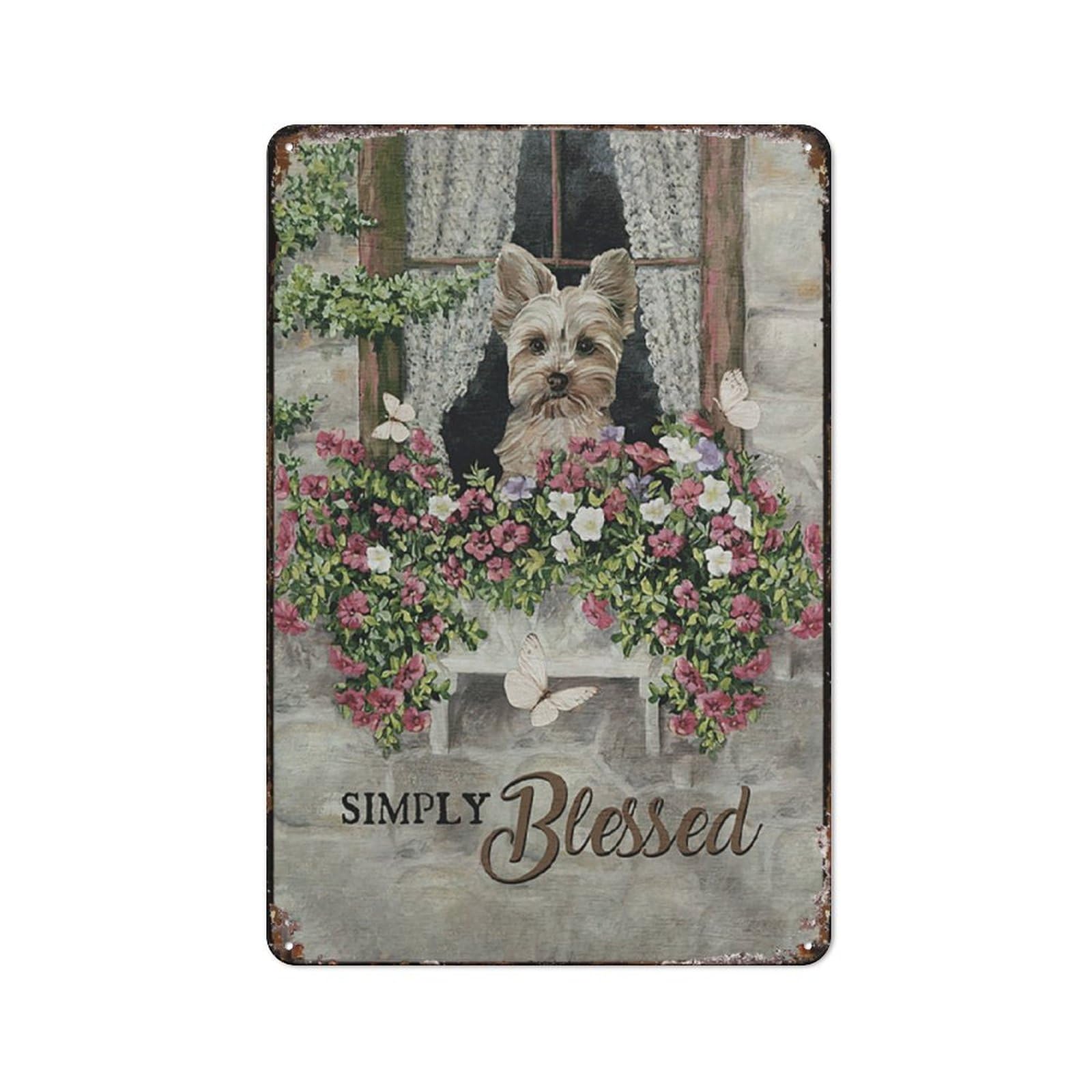 Preeklen Tin Sign 222 Vintage Tin Sign Yorkshire Terrier Dog Yorkshire Terrier Daisy Field Waiting At The Door Metal Tin Sign Wall Decor Rustic Farmhouse Sign Decor Gifts 8X12 Inch