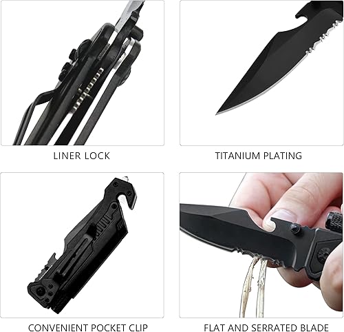 Miniatura 8 de Cuchillo plegable táctico 6 en 1  Navaja de bolsillo EDC con iniciador de fuego, luz LED y rompevidrios  Regalo para novio, esposo en cumpleaños
