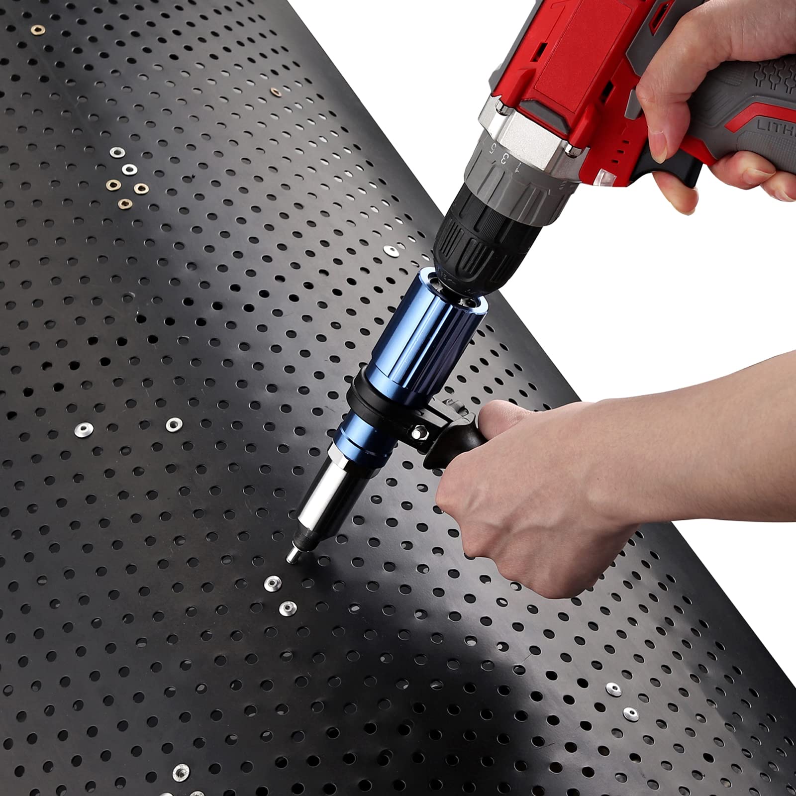 AUTOUTLET Rivetto per Trapano Avvitatore a Batteria, Adattatore Elettrico con 2,4/3,2/4,0/4,8 mm Naselli e 80 Rivetti Ciechi in Alluminio e Acciaio Inossidabile