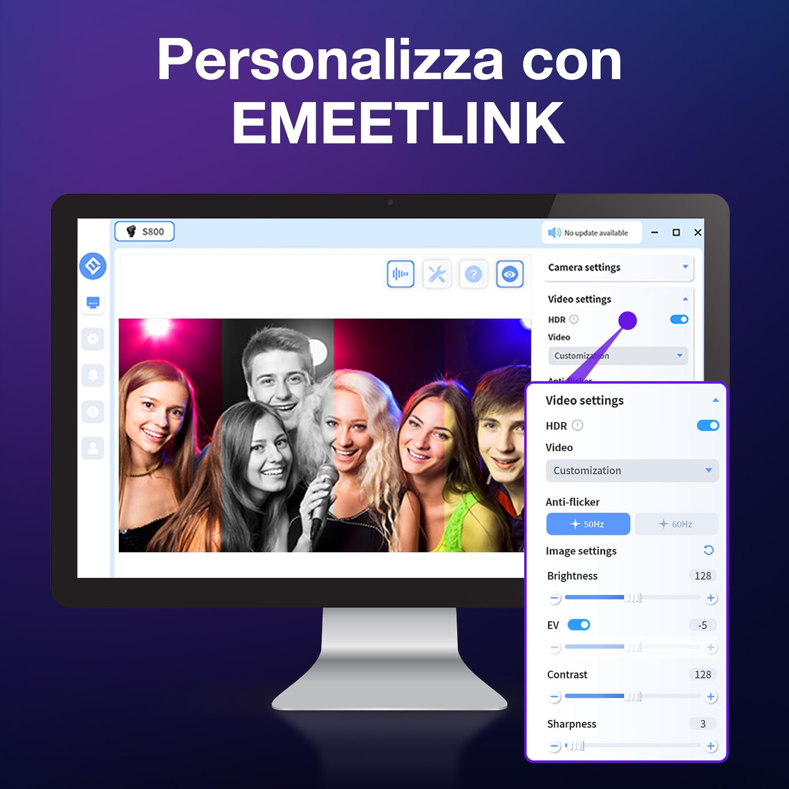 EMEET Webcam 4K S800, Webcam Ultra 4K con 2 Microfoni con Riduzione del Rumore, Campo Visivo 73°, Correzione della Luce, Copertura Privacy, 1080p@60FPS HDR, Web cam 1080p per Live Streaming
