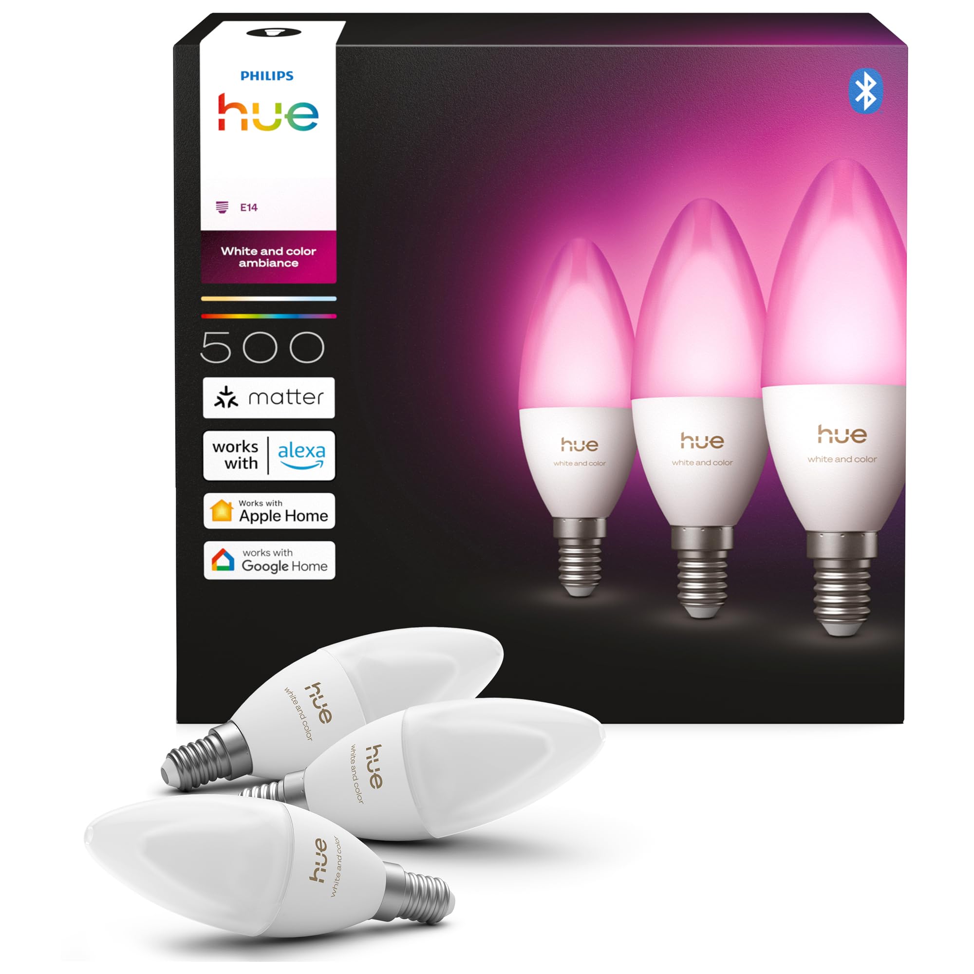 Philips Hue Smart Bombilla E14 Vela LED, B39, 3 Ud, White and Color Ambiance, Luz de Espectro Completo 1000 K-20000 K, 500 lm, Regulación Ultrabaja, Chromasync, Alexa, Google Home, Apple Home